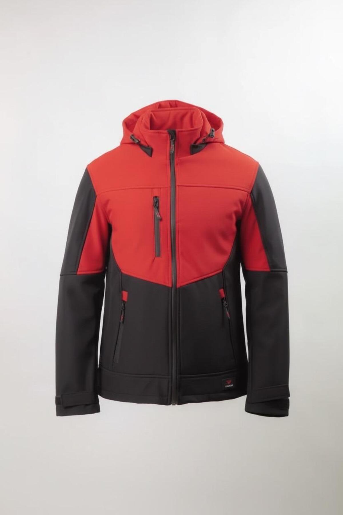 Erkek Softshell Kışlık Kapüşonlu Mont Rüzgar Geçirmez Su İtici İçi Polarlı Kırmızı Siyah — قرمز VTN25KK0001