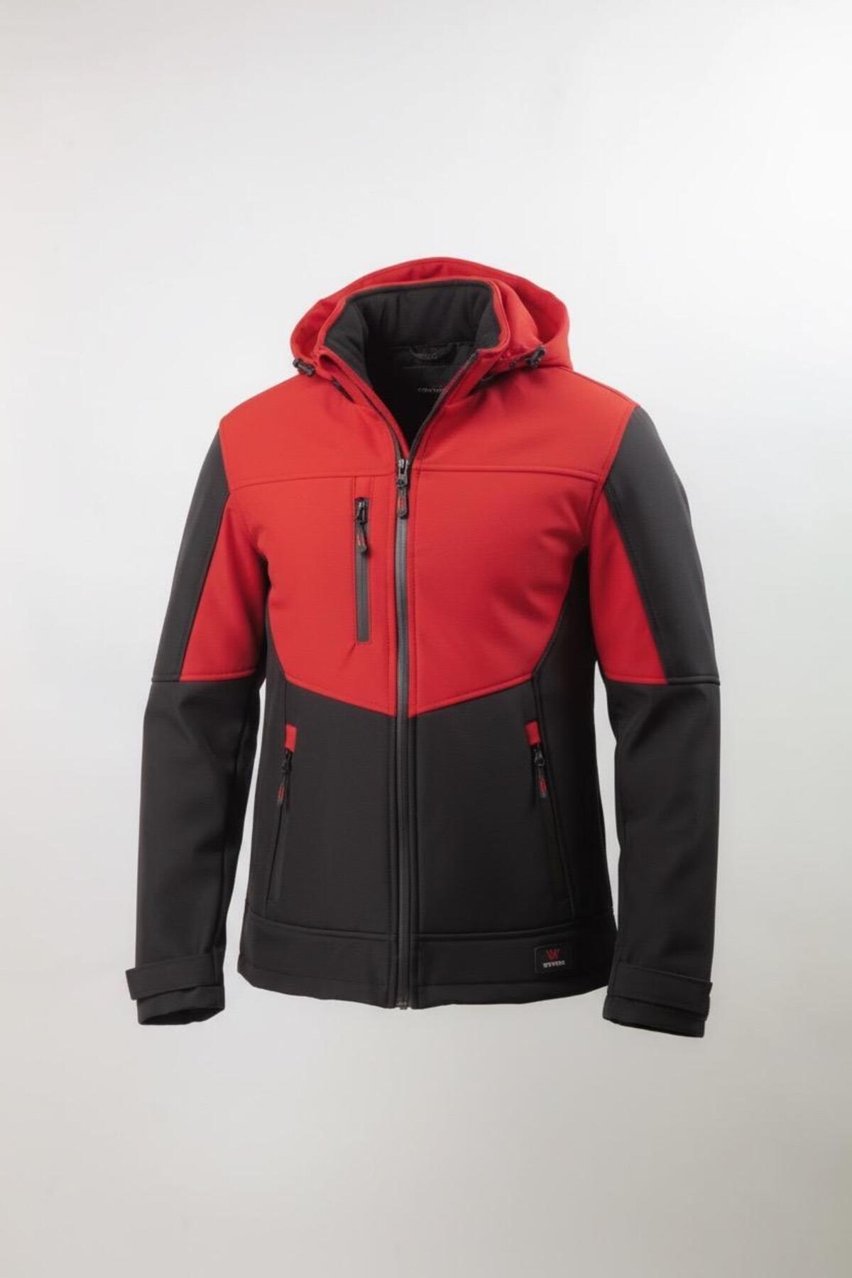 Erkek Softshell Kışlık Kapüşonlu Mont Rüzgar Geçirmez Su İtici İçi Polarlı Kırmızı Siyah — قرمز VTN25KK0001 — تصویر 3 از 5