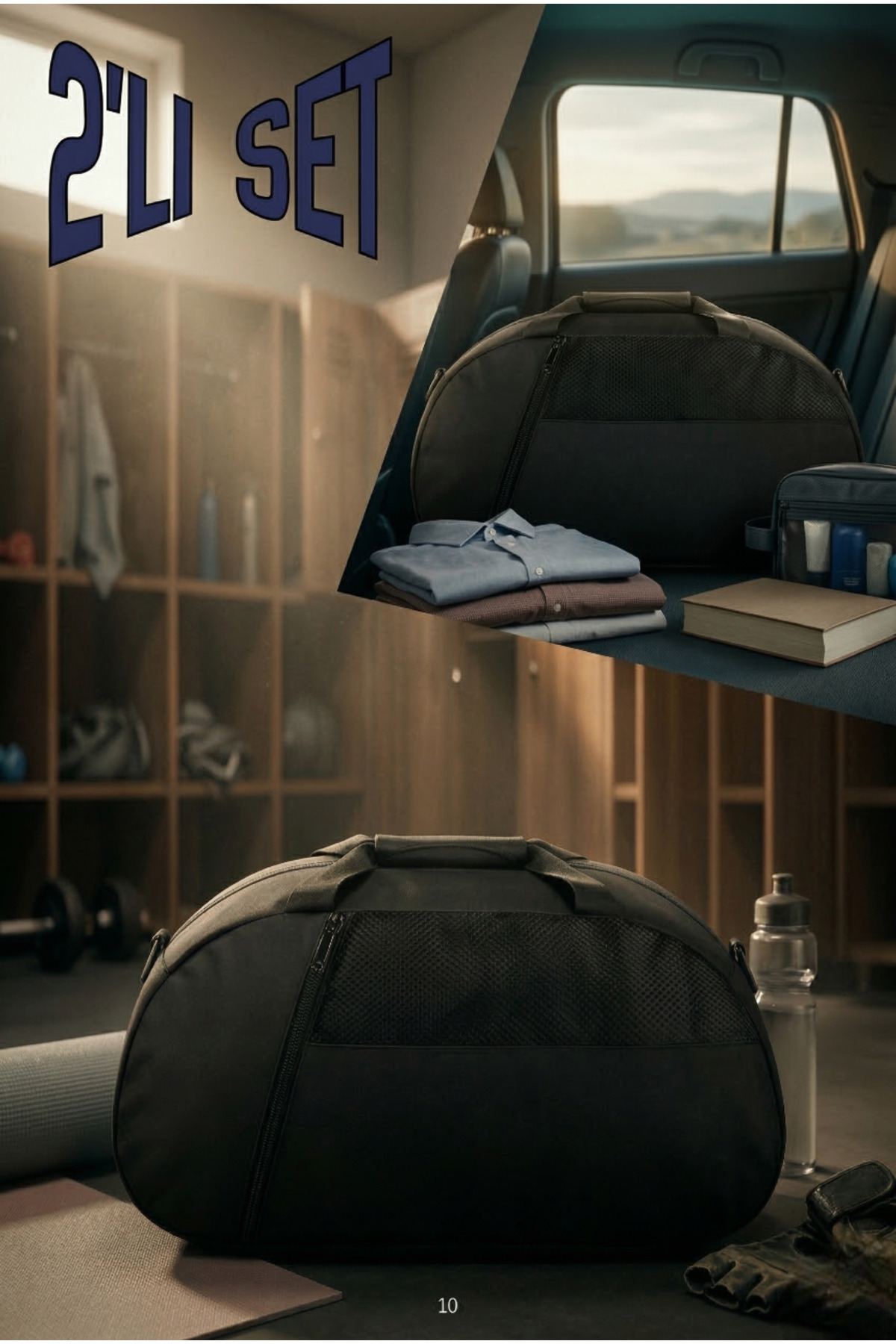 KAFF  2'li Siyah Önü Cepli Ayarlanabilir Omuz Askılı El Seyahat Spor Çantası - Görsel 7