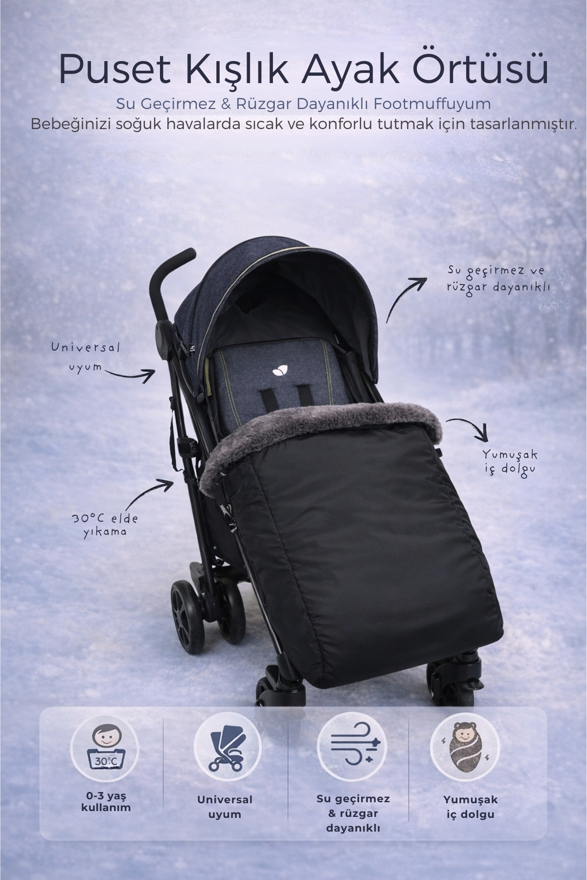 ubeybi Universal Puset Kışlık Ayak Örtüsü - Su Geçirmez Rüzgar Dayanıklı Bebek Arabası Footmuff fotoğrafı 4 (önizleme)