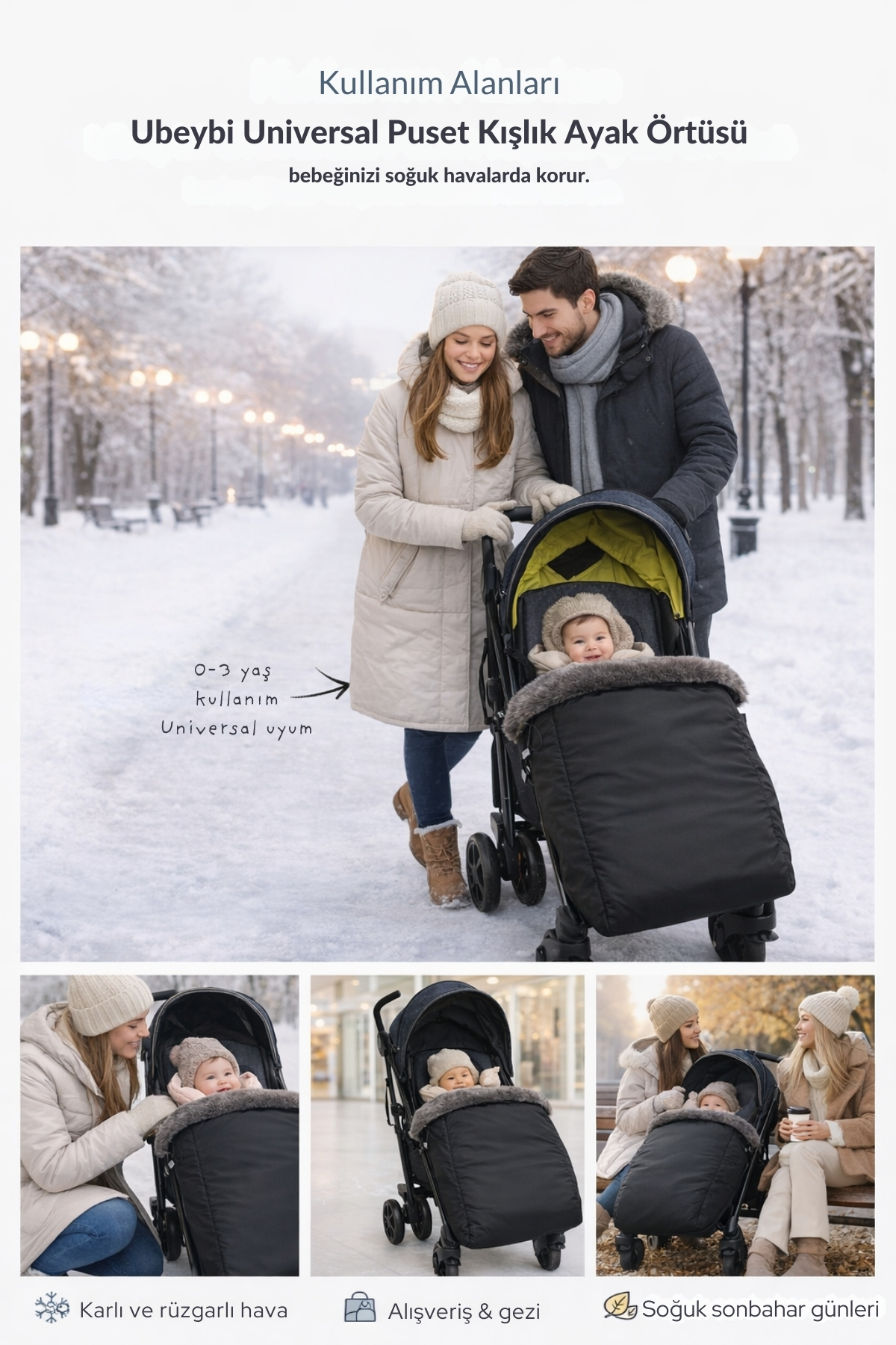 ubeybi Universal Puset Kışlık Ayak Örtüsü - Su Geçirmez Rüzgar Dayanıklı Bebek Arabası Footmuff fotoğrafı 3 (önizleme)