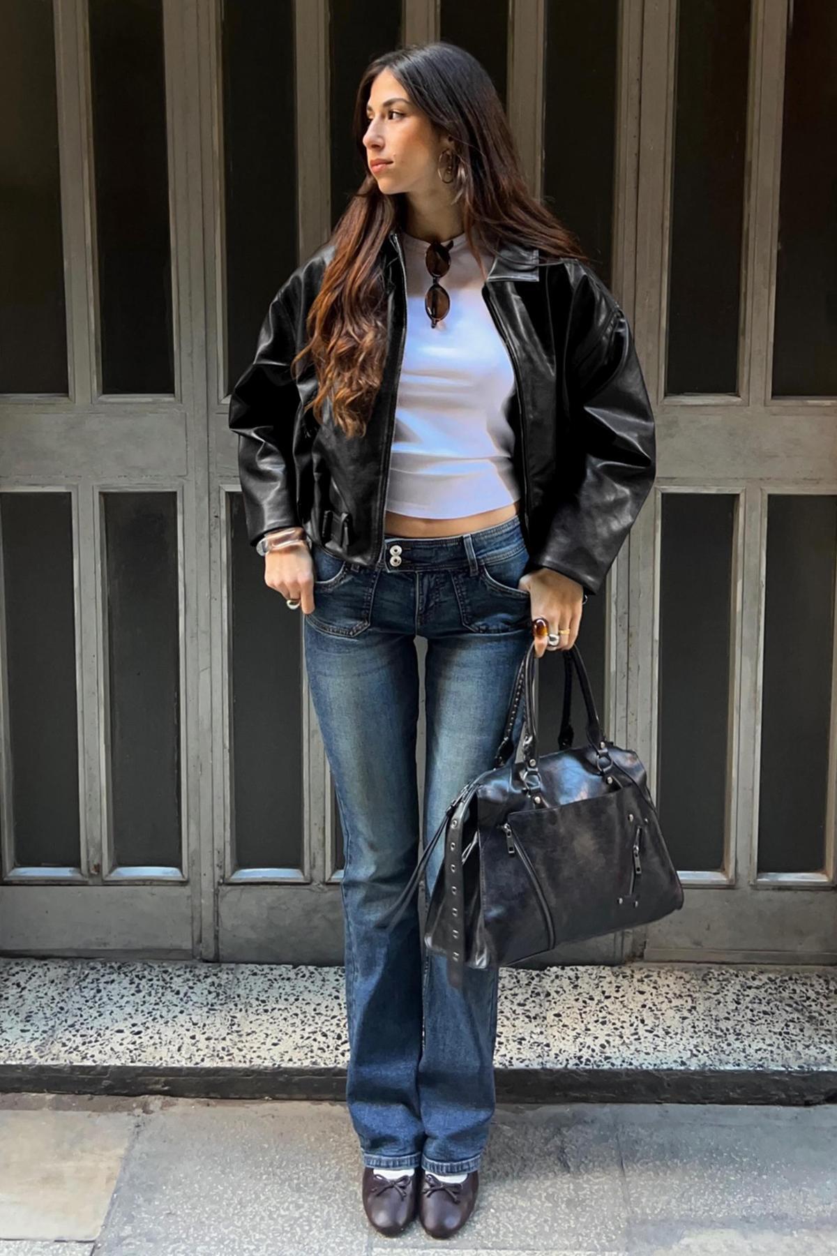 Bershka  Kemerli suni deri bomber ceket - Görsel 3