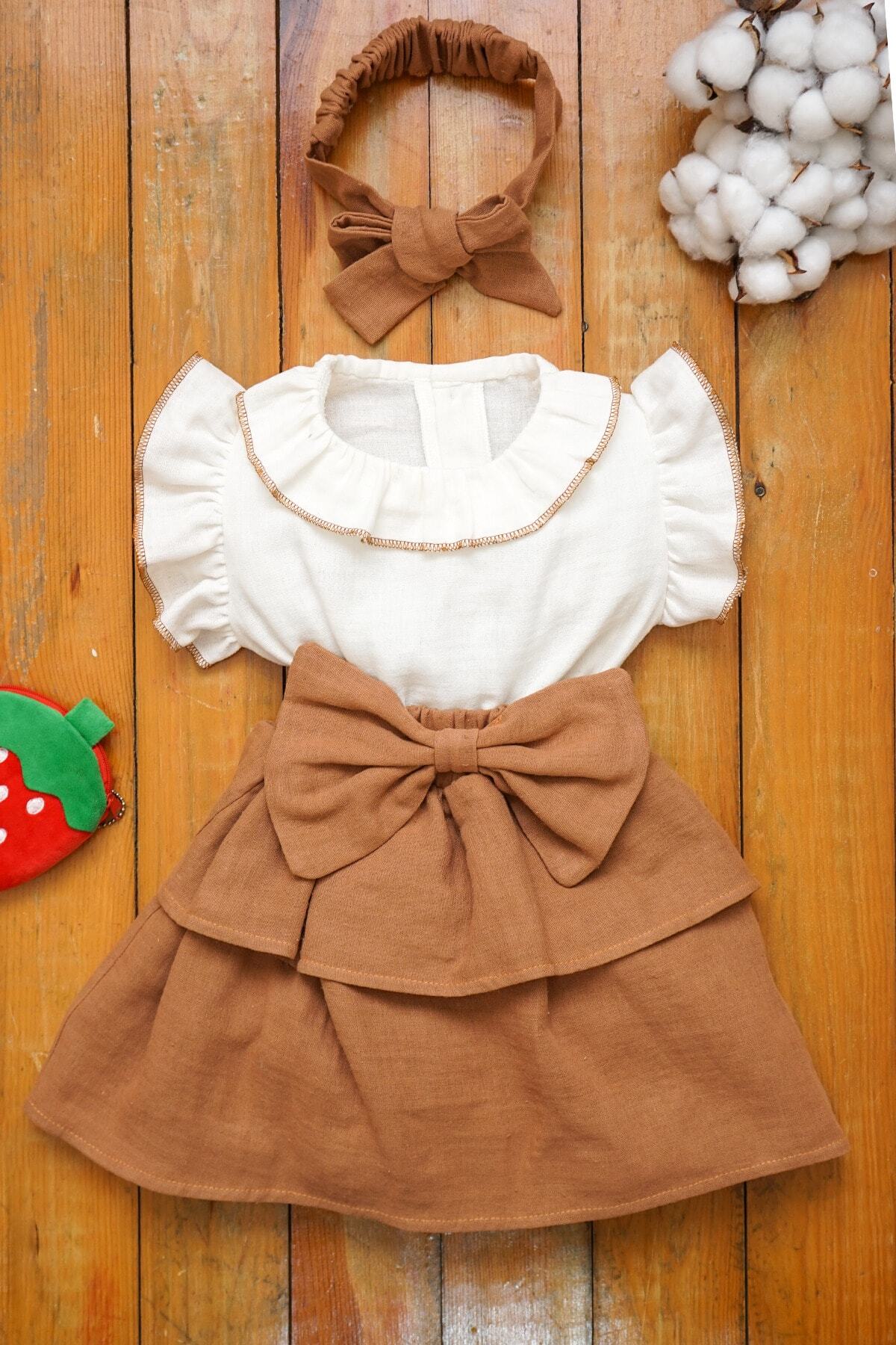 ipek atlas Kız Bebek Ve Çocuk Müslin Bandanalı Kısa Kollu Elbise fotoğrafı 2 (önizleme)