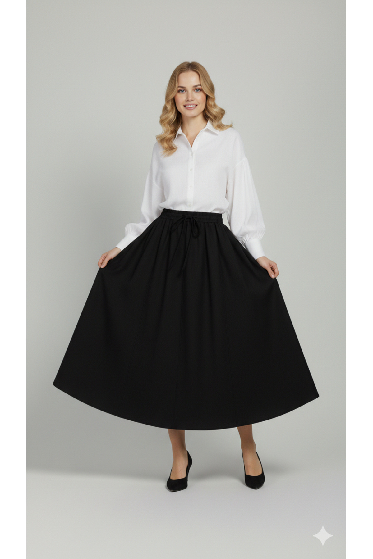 SmallTouch  İç Göstermez Beli Lastikli Ayarlanabilir Bağcıklı Çift Cepli Double Kumaş Siyah Etek - Görsel 6