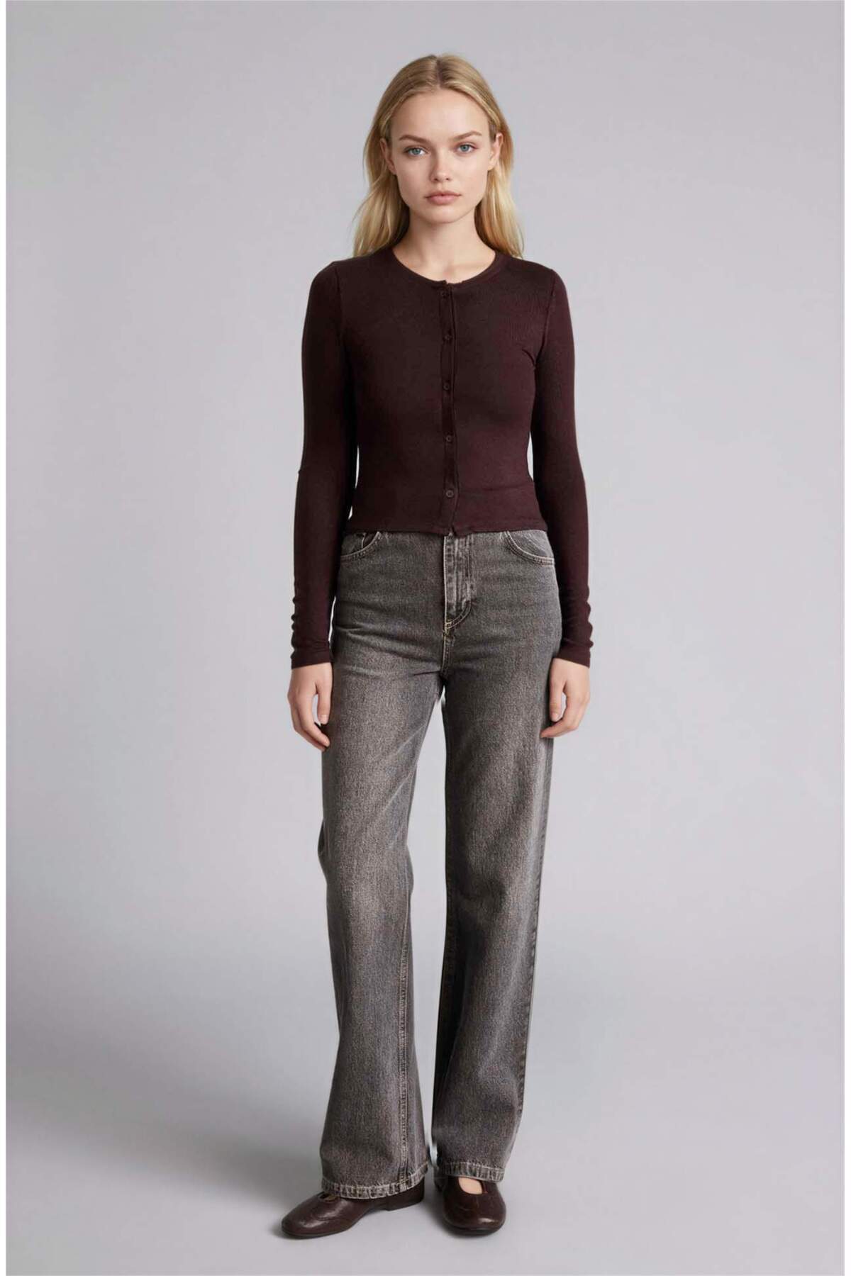 DeFacto Fitted Bisiklet Yaka Crop Ribana Basic Hırka G9457AX26SP görsel 2
