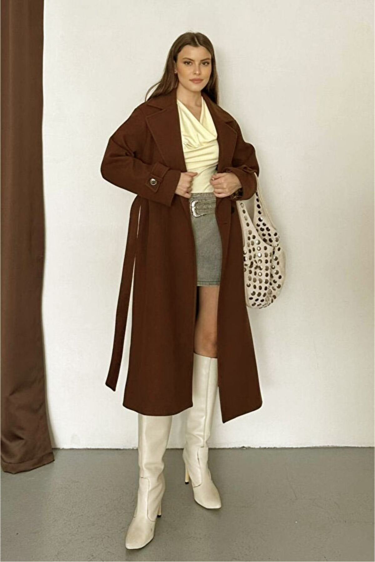 VESS MODA  Kadın Kuşak ve Düğmeli Uzun Kaşe Kaban Kahve - Görsel 3