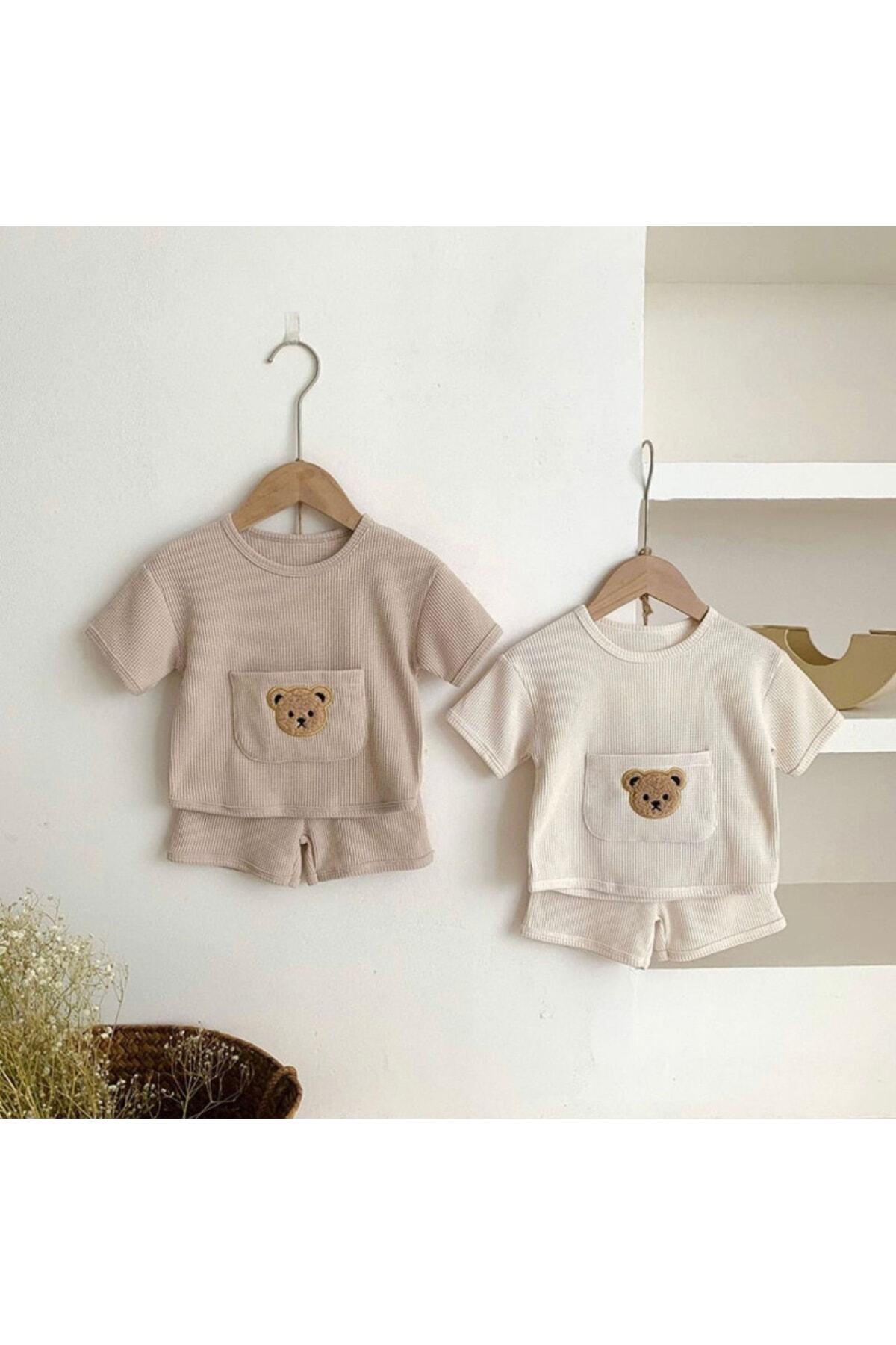 Bubito Ayılı Cep Görselli Pamuklu Yazlık Bebek Çocuk Şort Takım-Beyaz fotoğrafı 2 (önizleme)