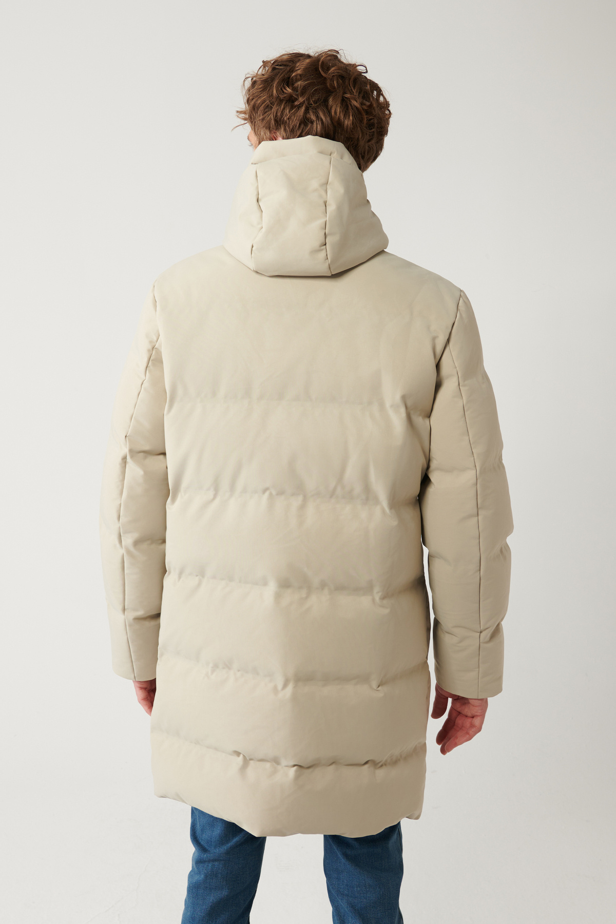 Avva  Erkek Bej Kapüşonlu Kuş Tüyü Dolgulu Su İtici Kumaşlı Uzun Kaban A32Y6047 - Görsel 4