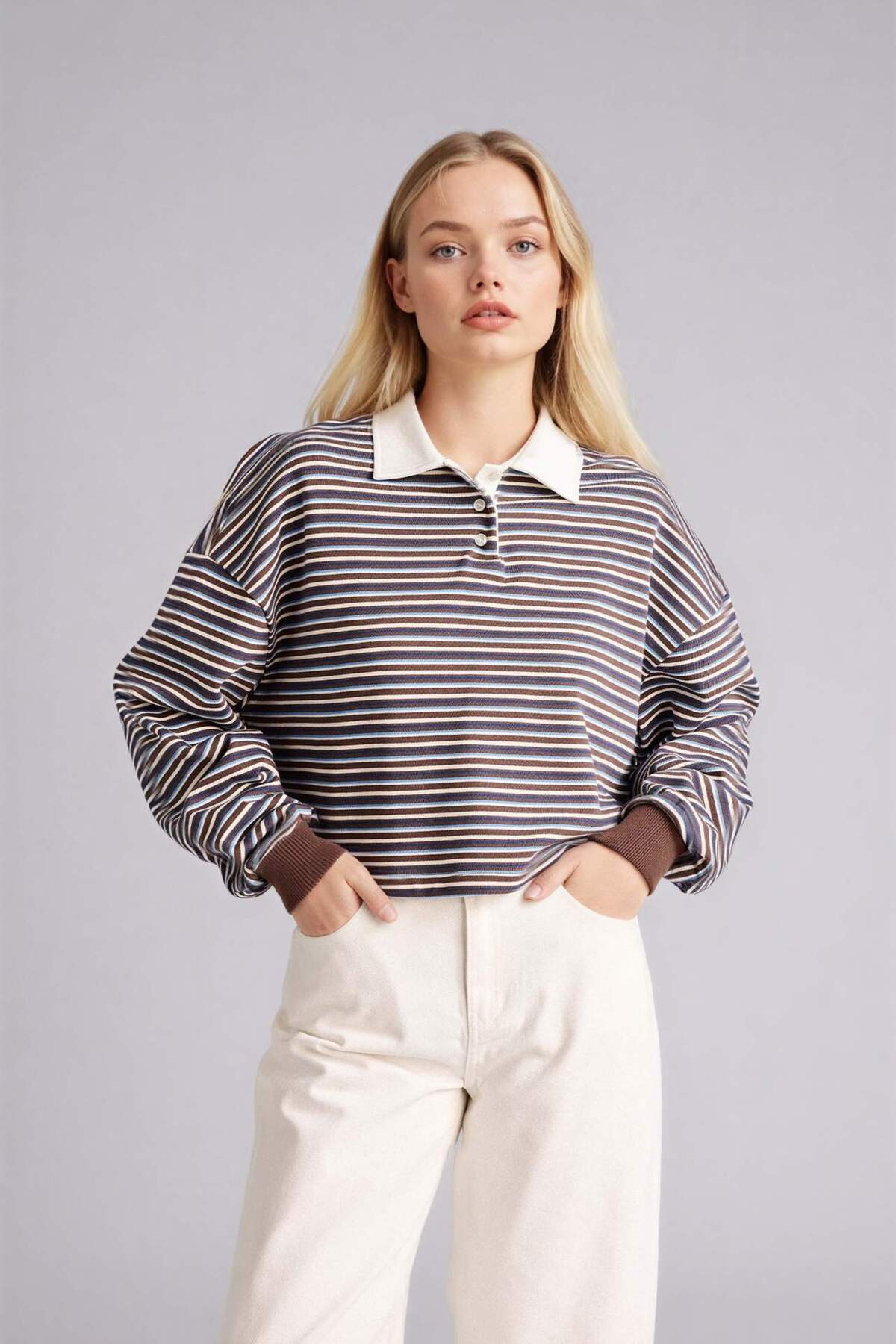 Defacto  %100 Pamuk Loose Fıt Çizgili Sweatshirt G9460AX26SP - Görsel 3