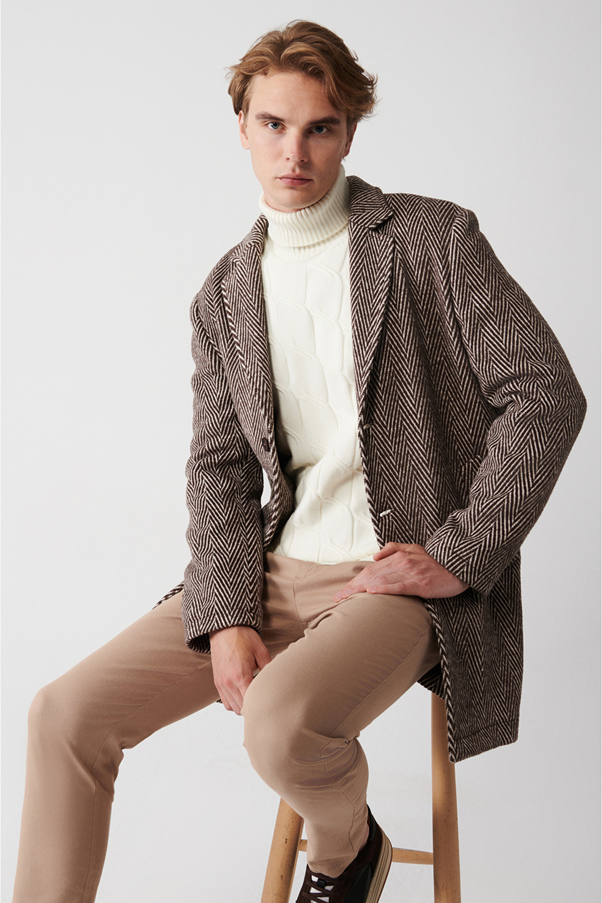 Avva  Erkek Kahve Mono Yaka Astarsız Kaşe Kaban A32Y6122 - Görsel 6