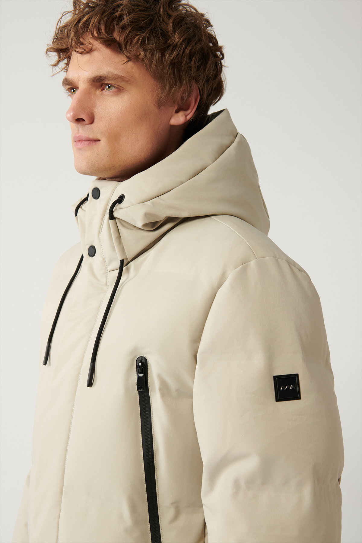 Avva  Erkek Bej Kapüşonlu Kuş Tüyü Dolgulu Su İtici Kumaşlı Uzun Kaban A32Y6047 - Görsel 2