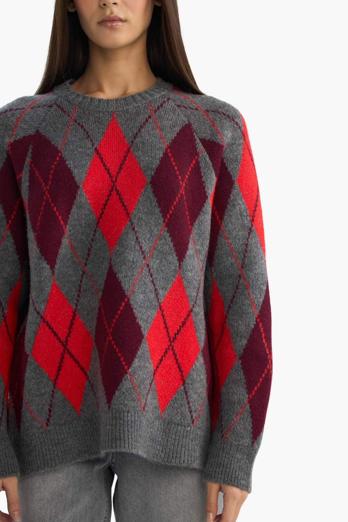 Defacto  Oversize Geniş Kalıp Bisiklet Yaka Baklava Desenli Triko Kazak G4418AX25WN - Görsel 4