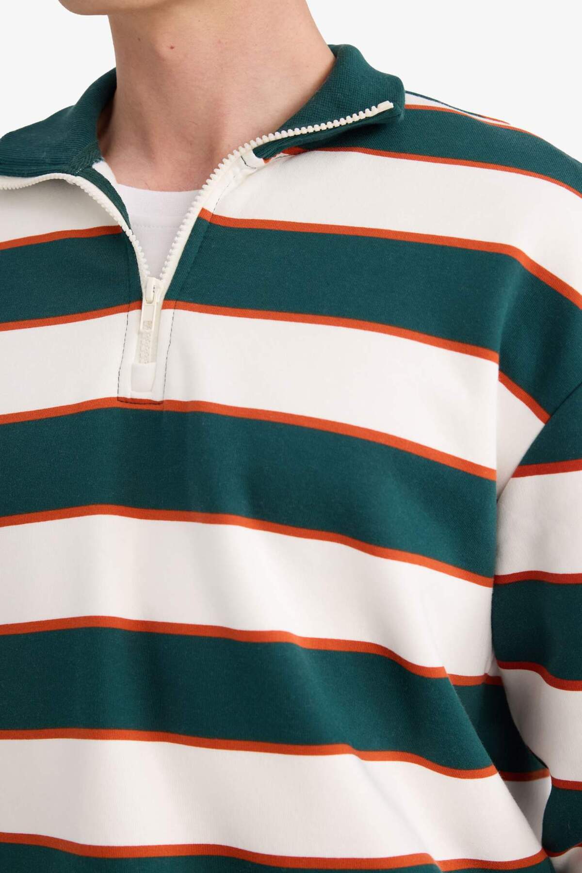 Boxy Fit Dik Yaka Yarım Fermuarlı Çizgili Sweatshirt G5021AX25WN — سبز — تصویر 4 از 5