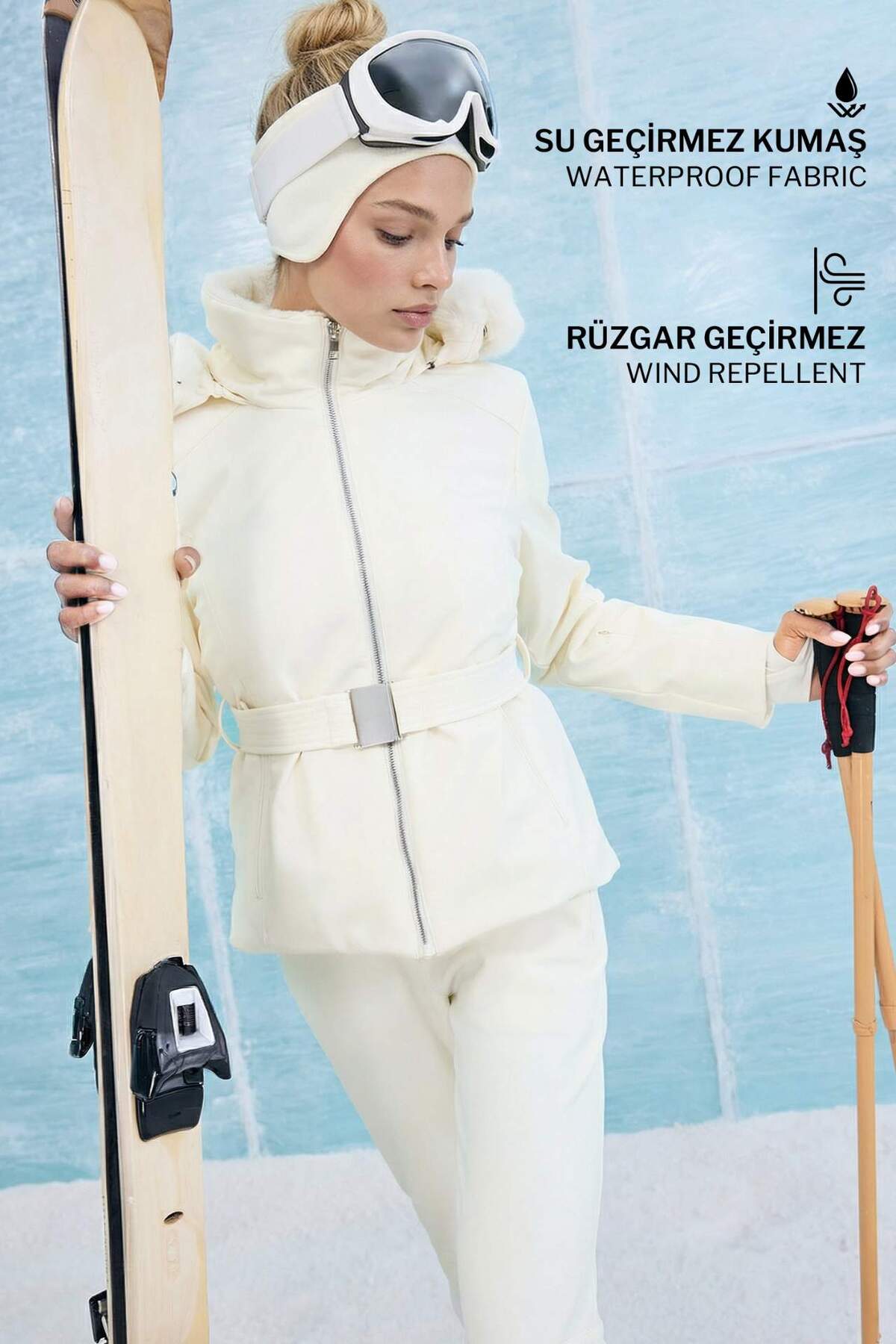 Water Repellent Slim Fit Slim Fit Belted Hooded Softshell Ski Coat F3525AX25WN