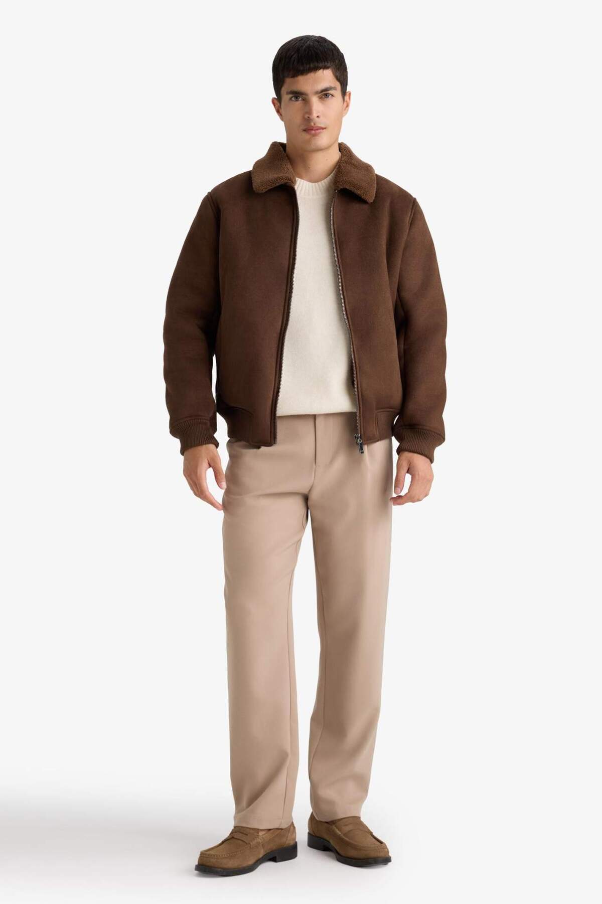 Defacto  Slim Fit Dar Kesim Kürklü Polo Yaka Astarlı Fermuarlı Cepli Süet Mont A3869AX25WN - Görsel 5