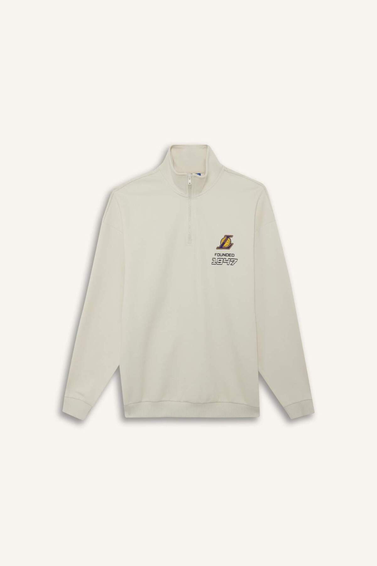 Defacto  NBA Los Angeles Lakers Oversize Geniş Kalıp Dik Yaka Yarım Fermuarlı Jakarlı Sweatshirt E9637AX25AU - Görsel 4