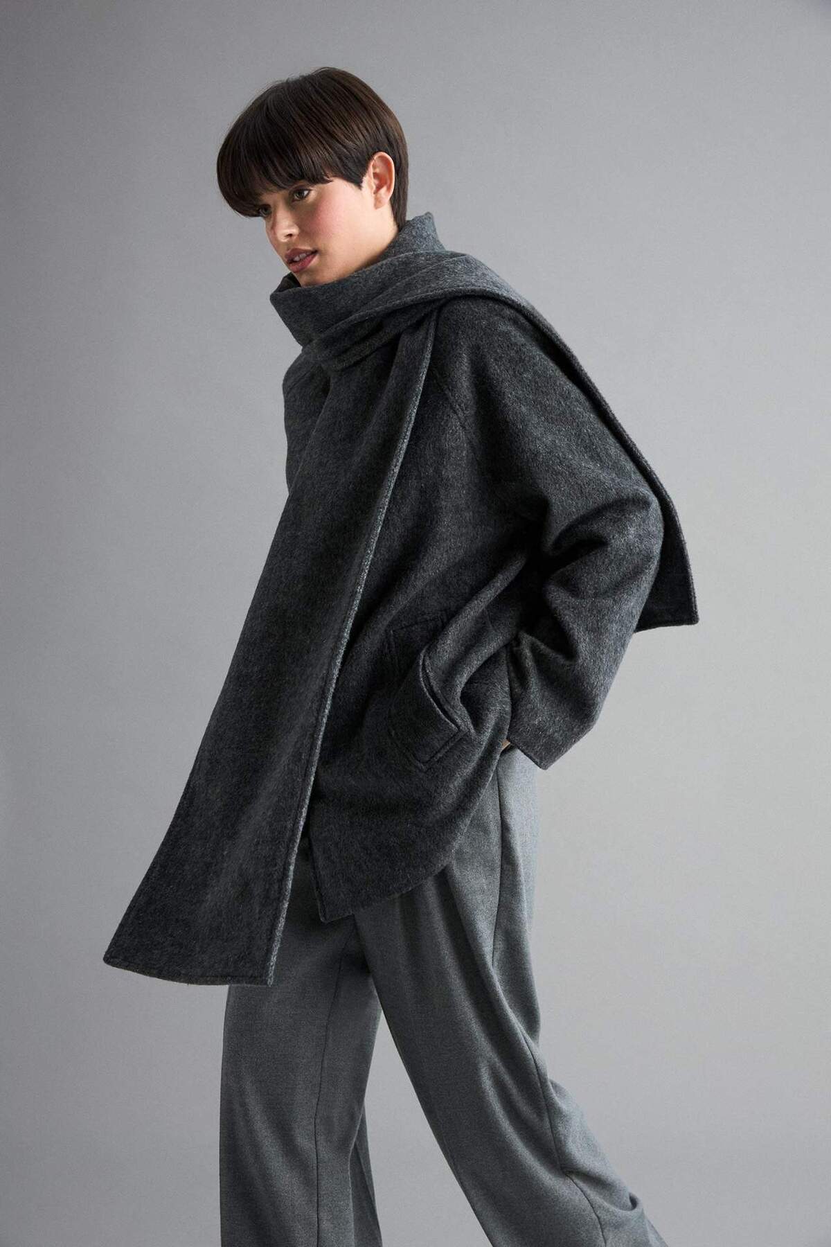 Defacto  Regular Fit Yün Karışımlı Çıkarılabilir Atkılı Kısa Kaşe Kaban F7355AX26SP - Görsel 4