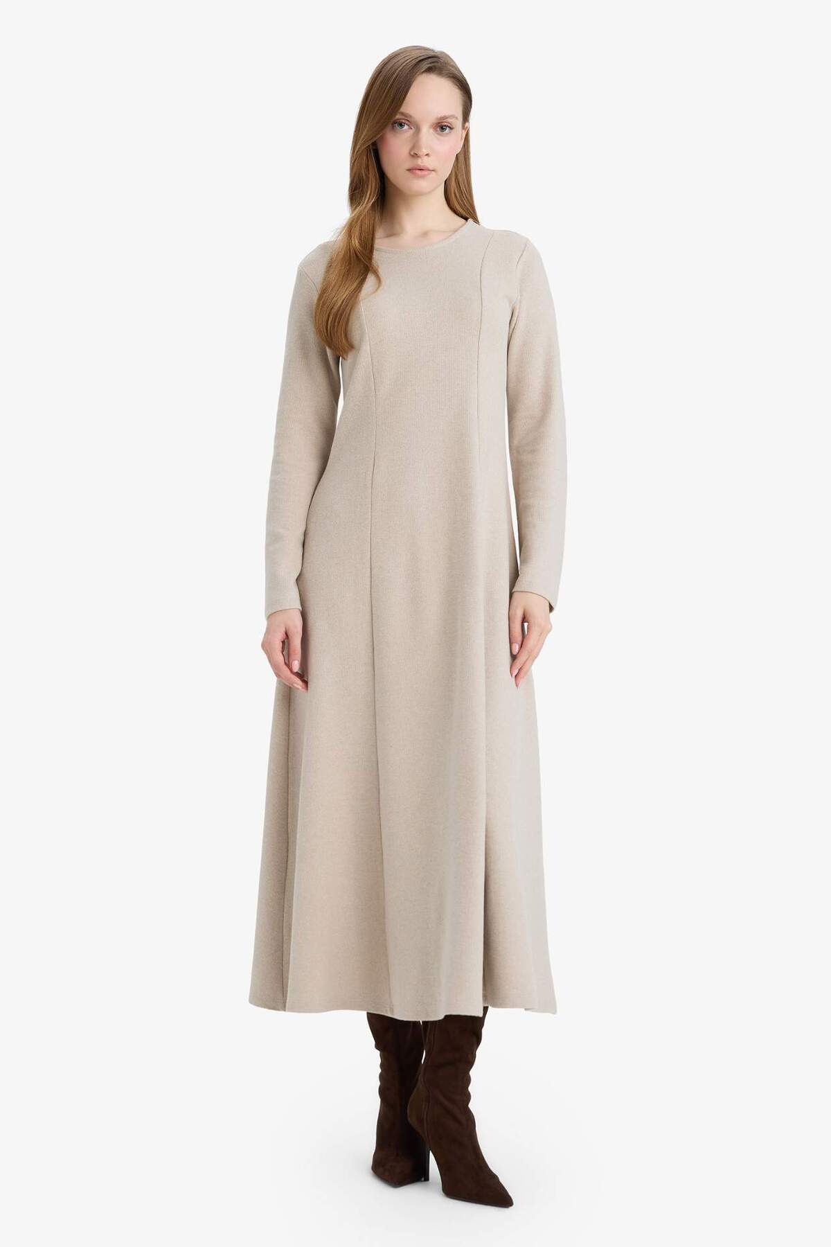 Defacto Cotton Crew Neck Long Sleeve Thessaloniki Fabric Beige Maxi Dress G8779Ax26Sp
