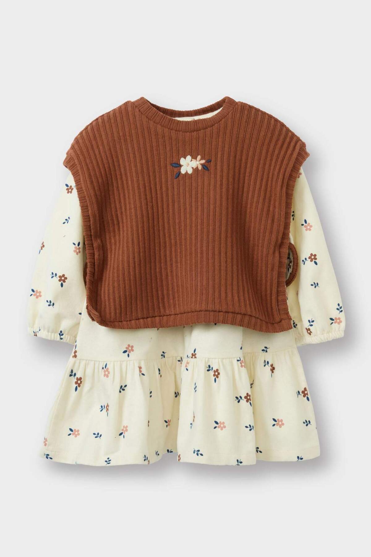 Defacto 2'li Takım Süveter Çiçek Desenli Uzun Kollu Elbise Kız Bebek G6855A525WN fotoğrafı 3 (önizleme)