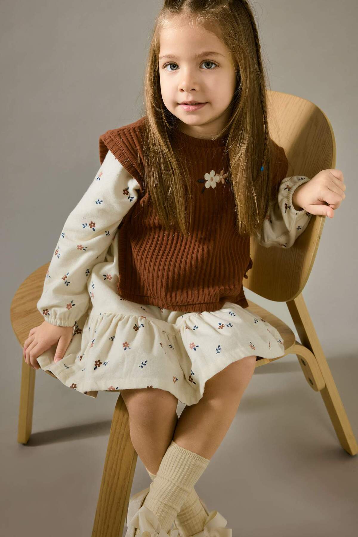 Defacto 2'li Takım Süveter Çiçek Desenli Uzun Kollu Elbise Kız Bebek G6855A525WN fotoğrafı 2 (önizleme)