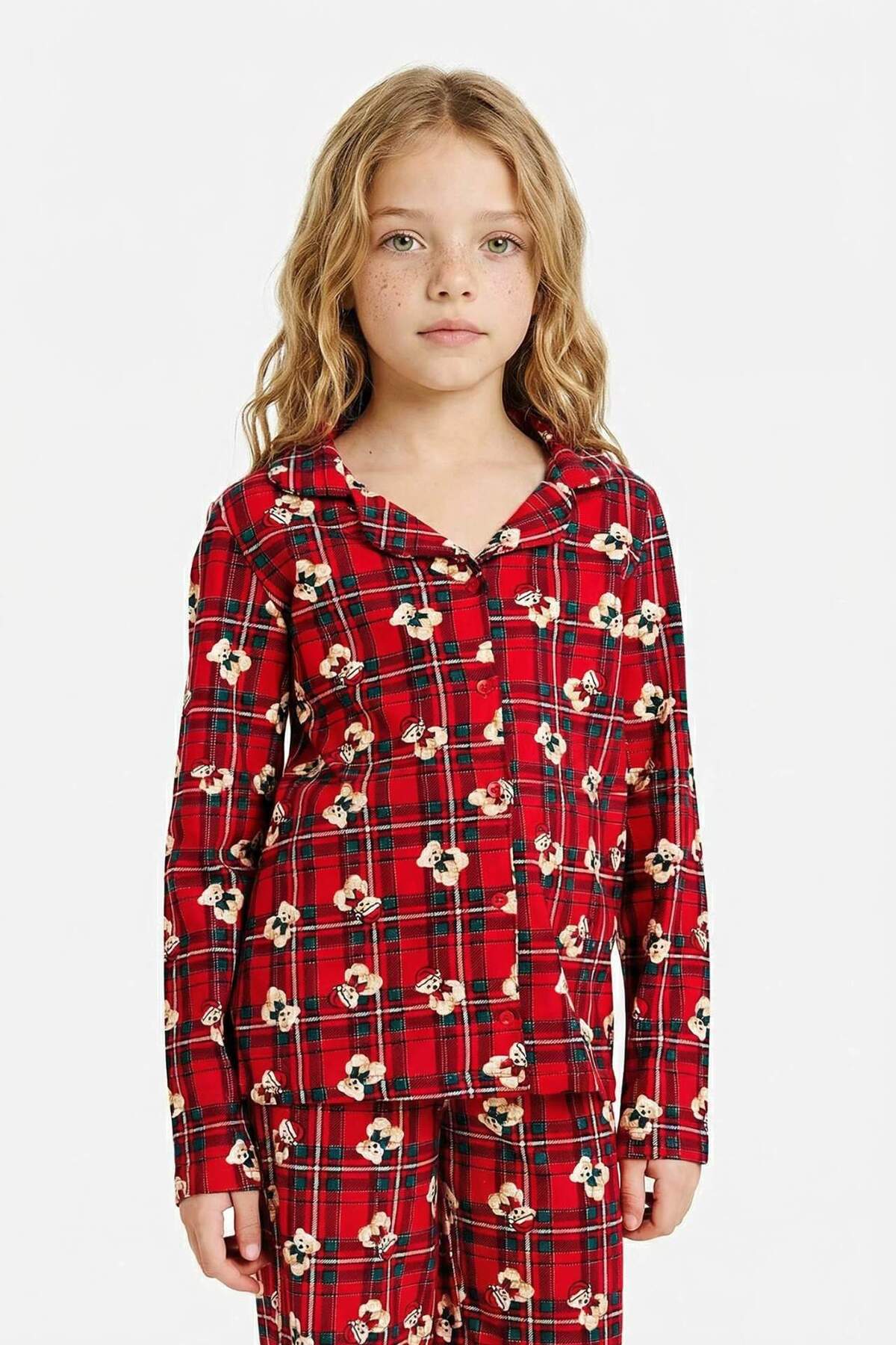 Defacto %100 Pamuklu Kareli Ayıcıklı Pijama Takımı Kız Çocuk G7434A825WN fotoğrafı 3 (önizleme)