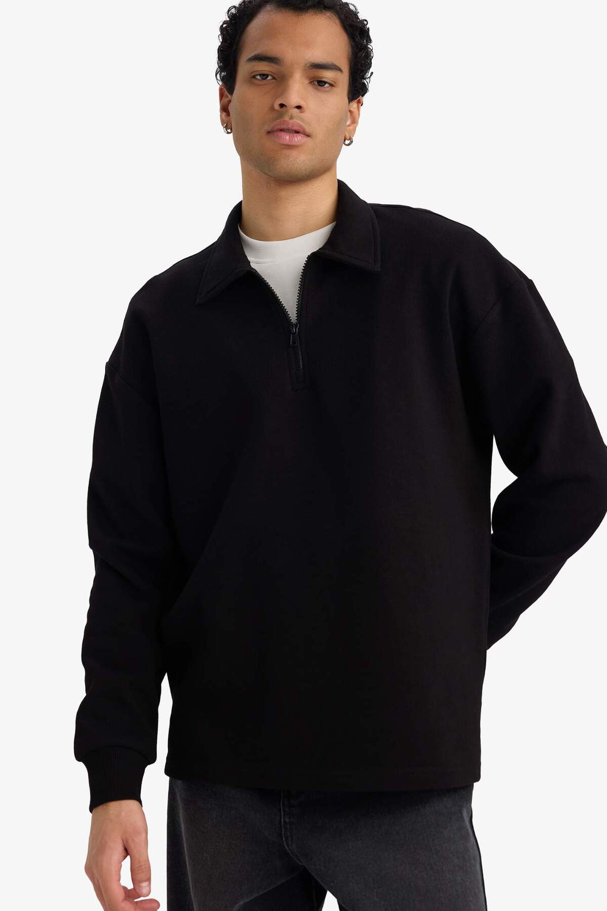 DeFacto Boxy Fit Polo Yaka Yarım Fermuarlı Pike Sweatshirt G6471AX25WN — مشکی