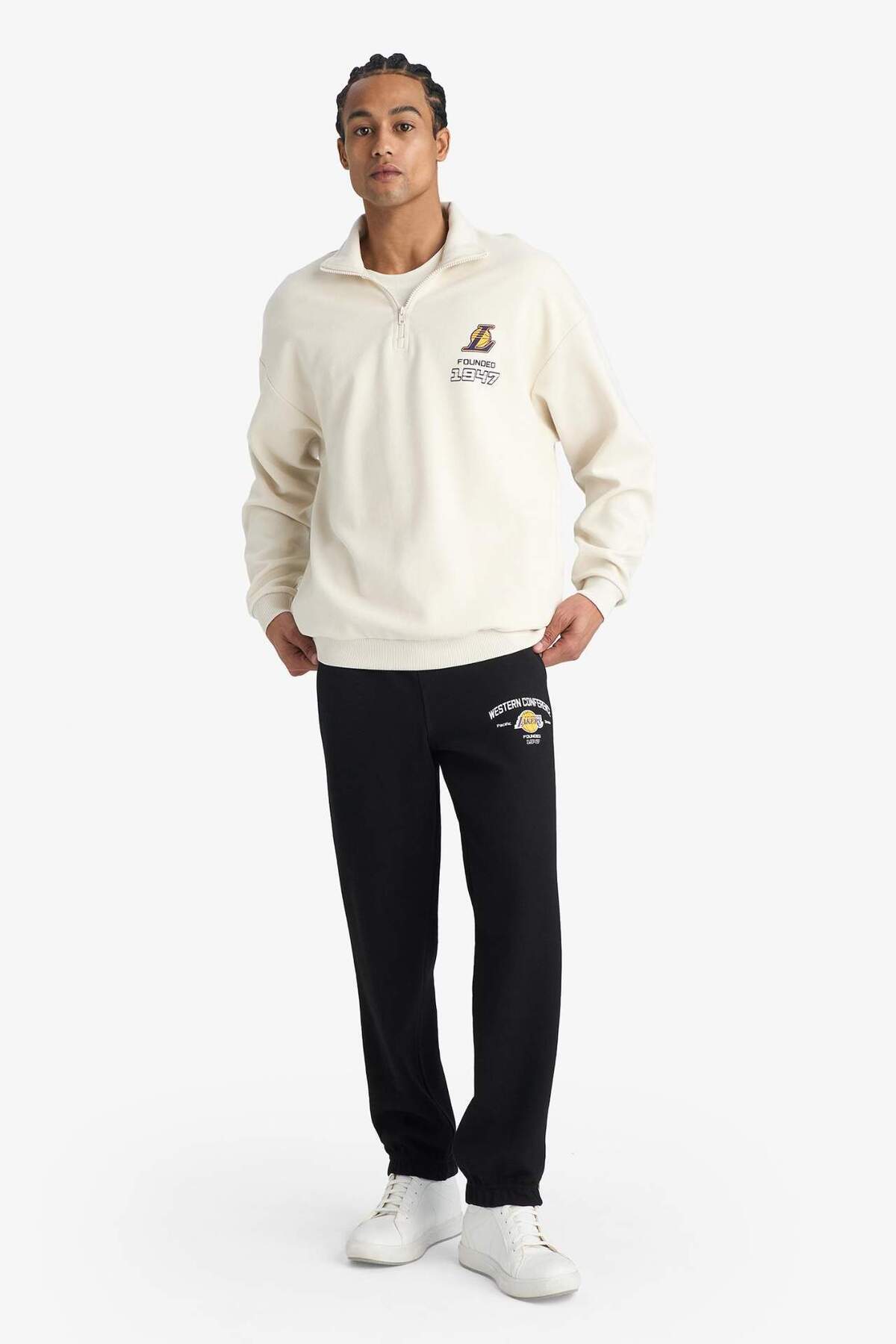 Defacto  NBA Los Angeles Lakers Oversize Geniş Kalıp Dik Yaka Yarım Fermuarlı Jakarlı Sweatshirt E9637AX25AU - Görsel 2