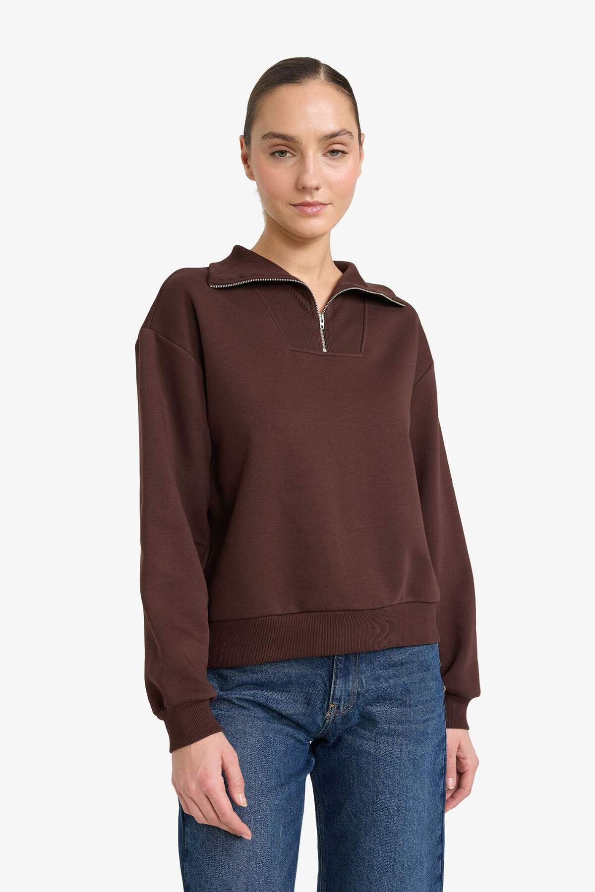 Defacto  Regular Fit Yarım Fermuarlı Balıkçı Yaka Basic Düz Sweatshirt G4761AX25WN - Görsel 3