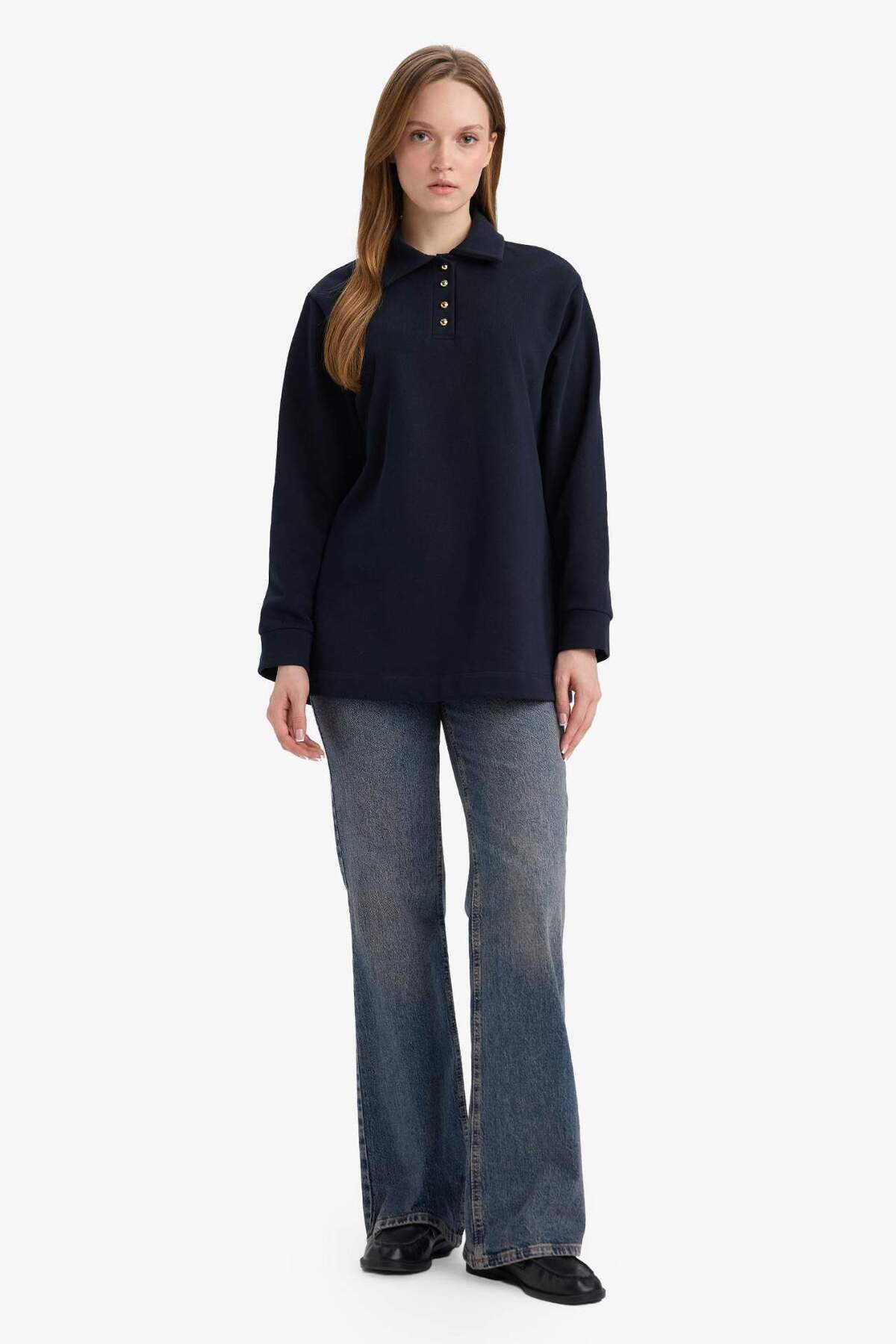 DeFacto Regular Fit Polo Yaka Uzun Kollu Sweatshirt Tunik G6613AX25WN görsel 2