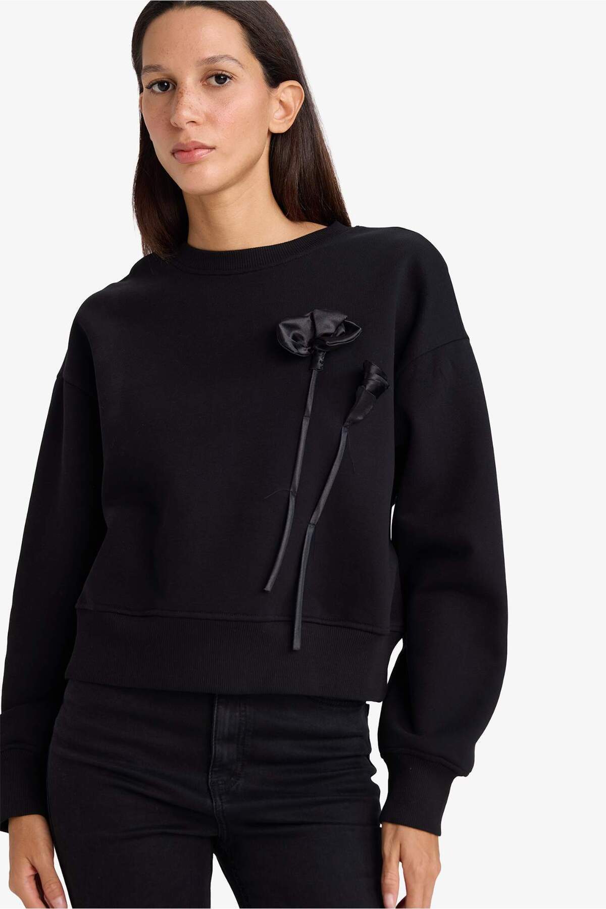 Defacto  Boxy Fit Bisiklet Yaka Aplike Kalın Sweatshirt G7007AX25WN