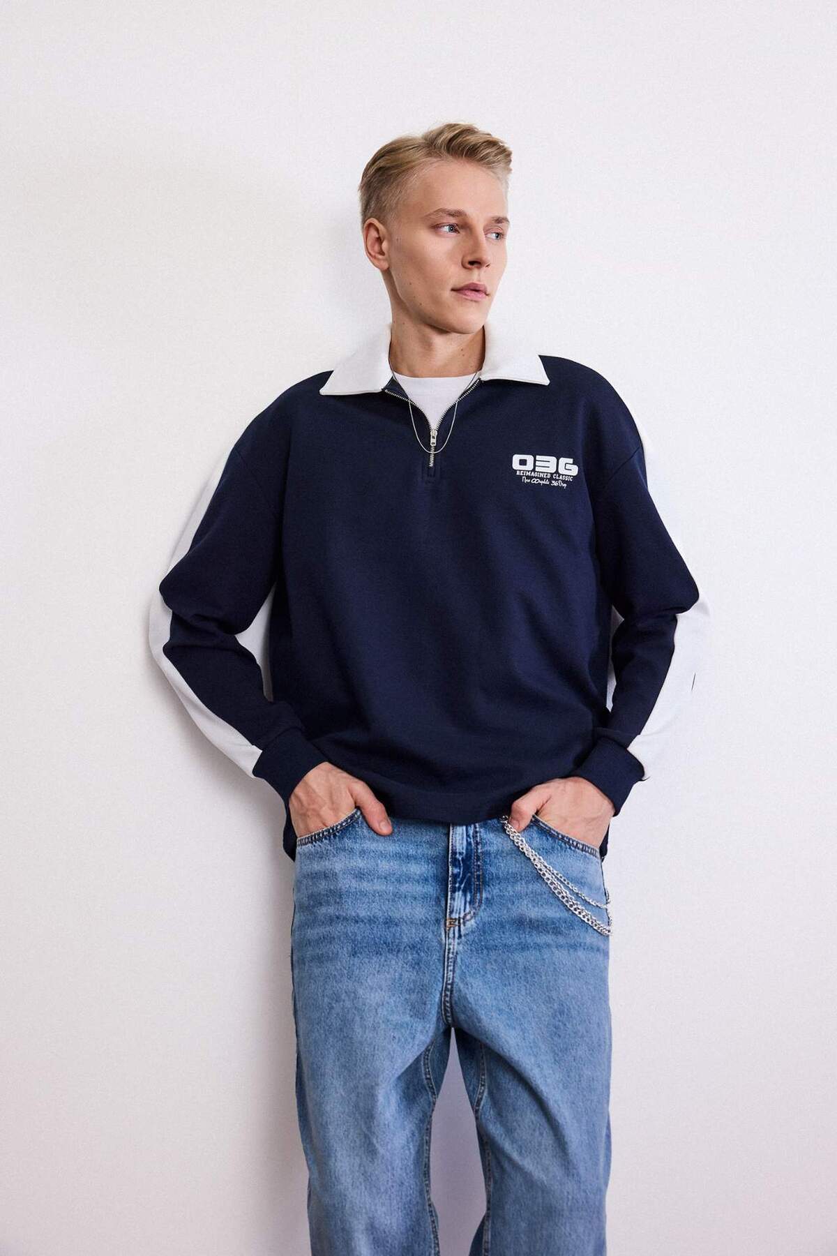 DeFacto Boxy Fit Polo Yaka Yarım Fermuarlı Baskılı Sweatshirt G6474AX25WN