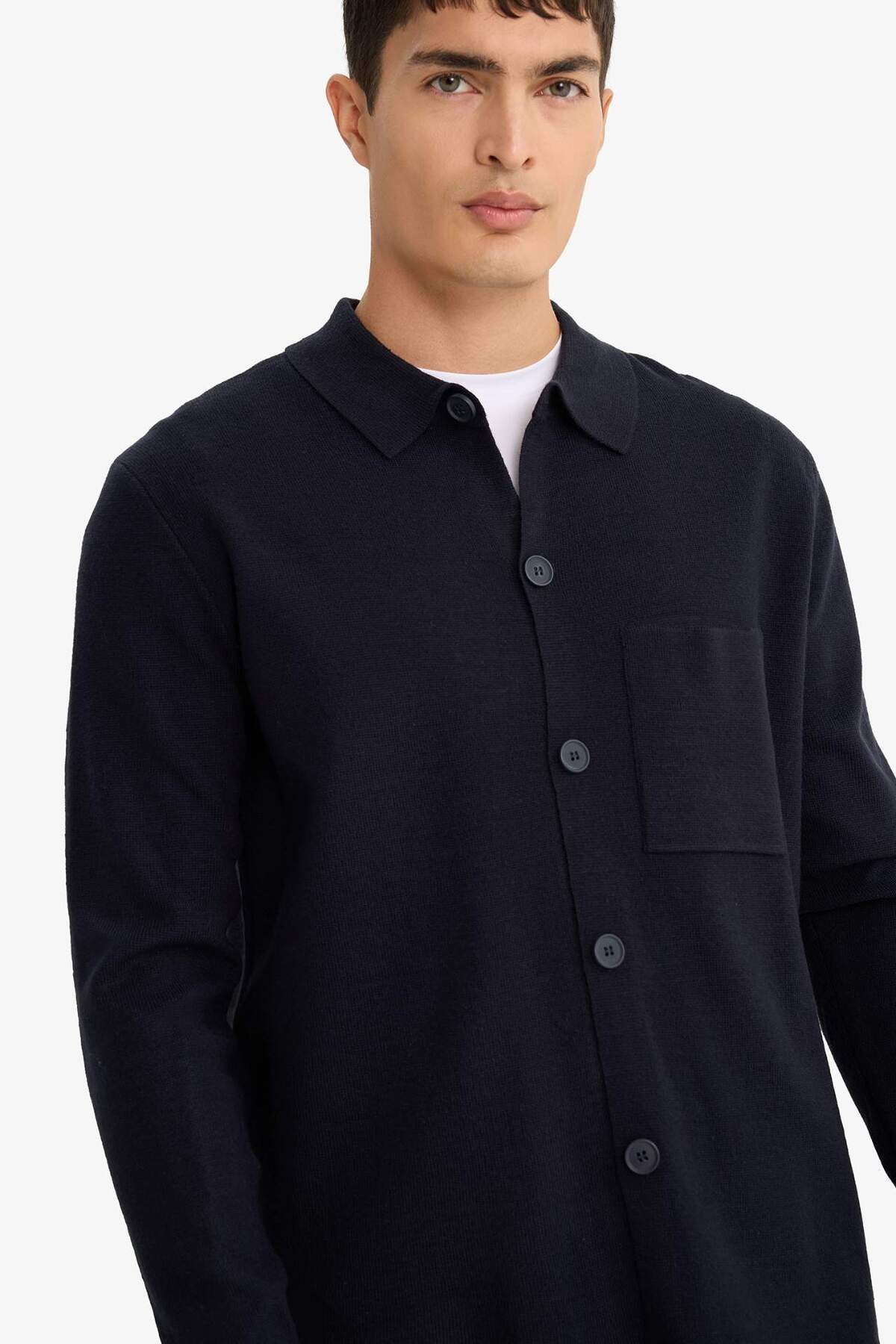 Standart Fit Polo Yaka Düğmeli Ön Cep Detaylı Triko Hırka F3720AX25WN — سرمه‌ای — تصویر 4 از 8