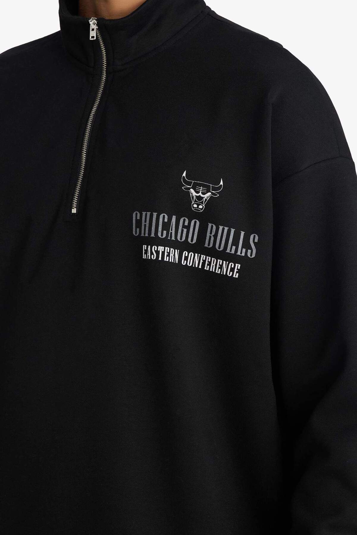 DeFacto NBA Chicago Bulls Oversize Geniş Kalıp Dik Yaka Fermuarlı Sweatshirt F9813AX25AU görsel 5