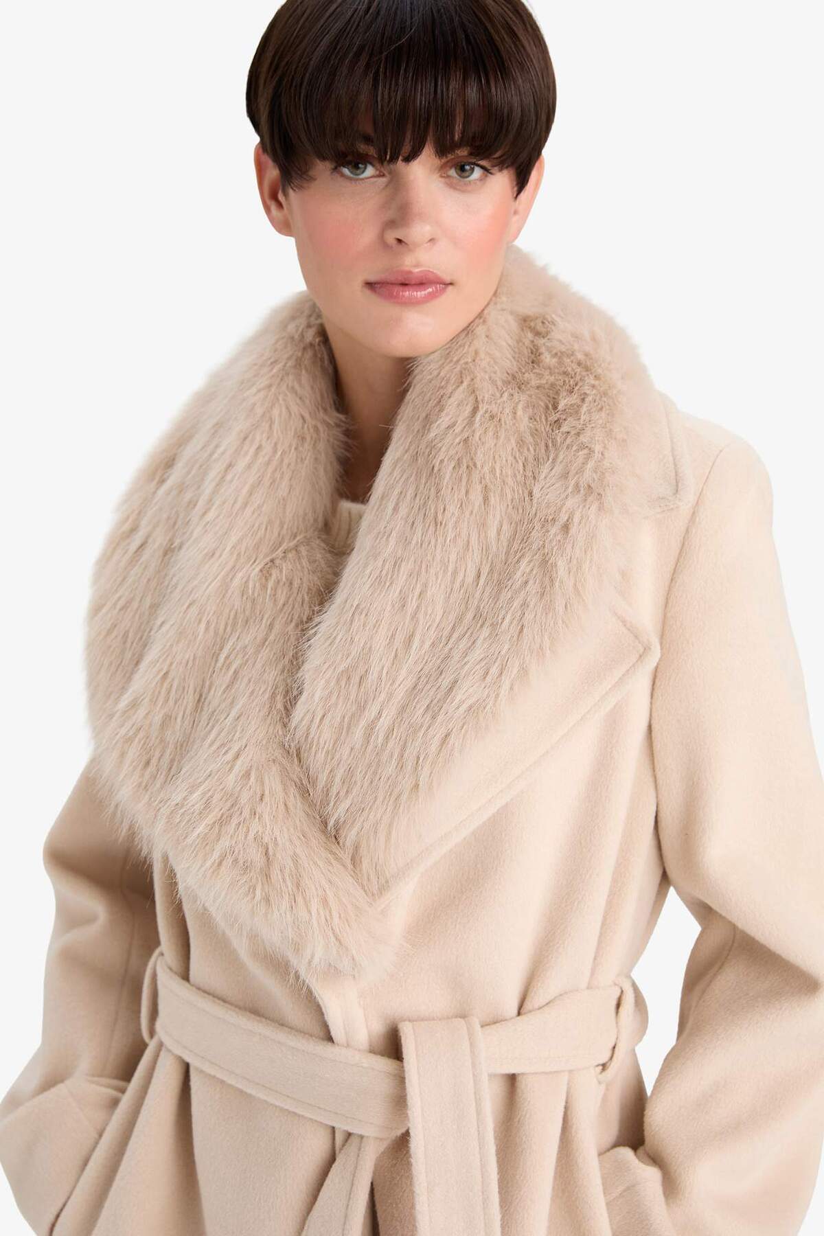 Defacto  Regular Fit Suni Kürk Yaka Kuşaklı Kaşe Uzun Kaban F2811AX25WN - Görsel 5