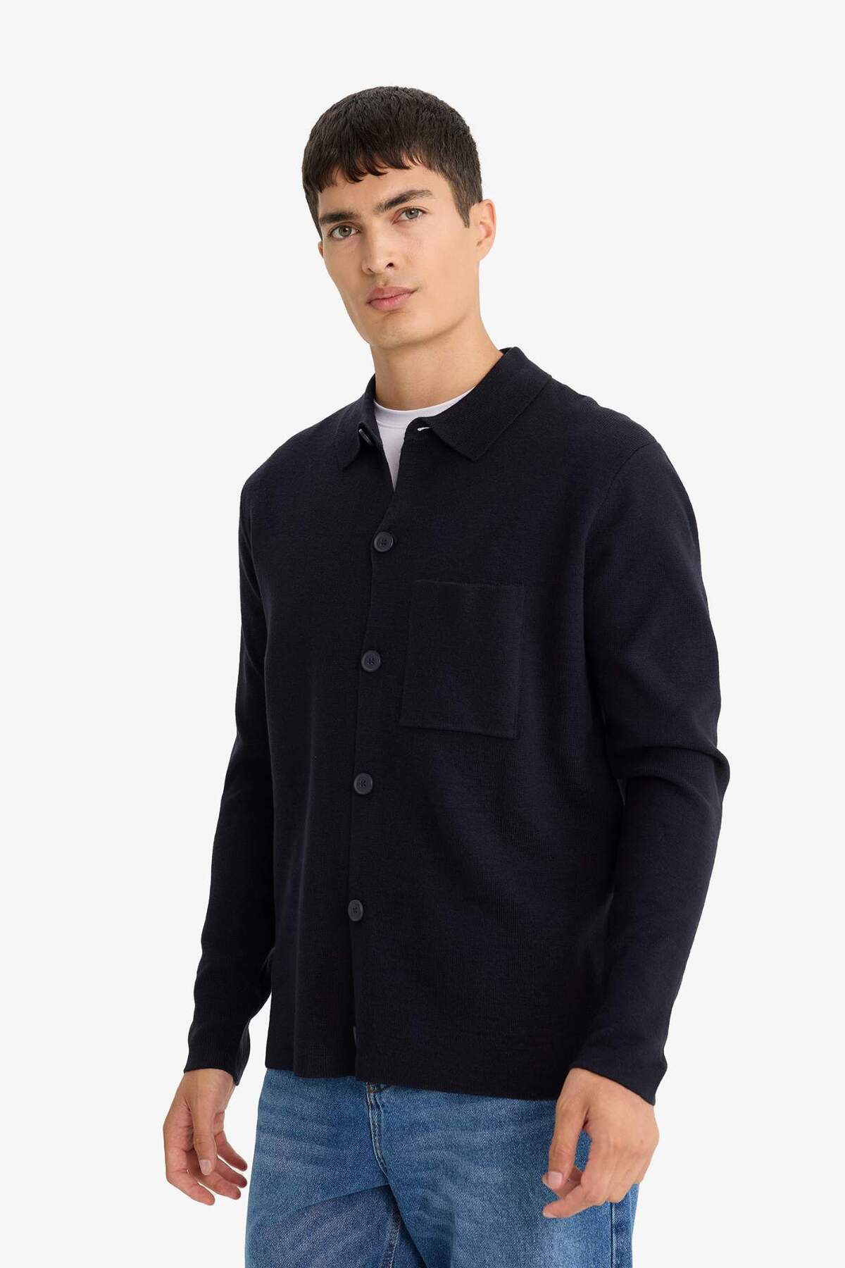 Standart Fit Polo Yaka Düğmeli Ön Cep Detaylı Triko Hırka F3720AX25WN — سرمه‌ای — تصویر 3 از 8