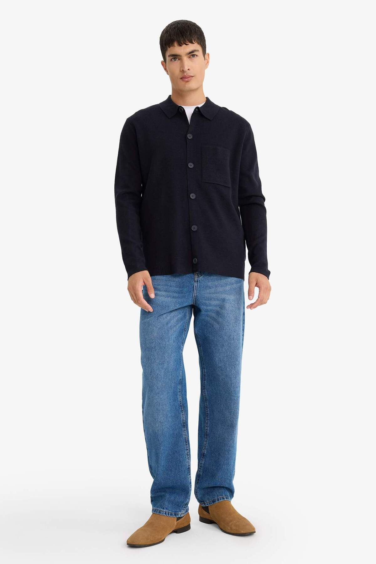 Standart Fit Polo Yaka Düğmeli Ön Cep Detaylı Triko Hırka F3720AX25WN — سرمه‌ای — تصویر 2 از 8