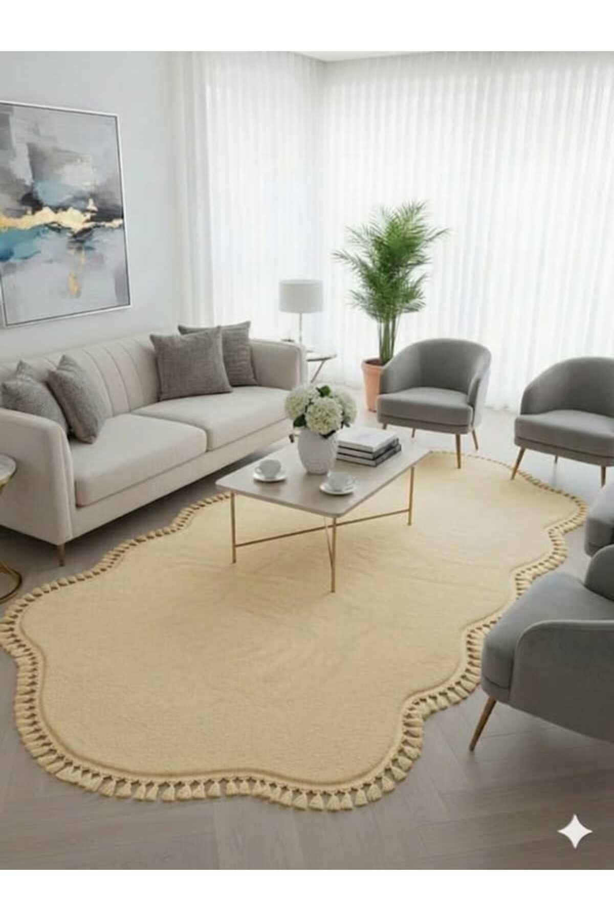 MODERN BEIGE DOUBLE-HEADED POST POMPOM FRINGED PLUSH CARPET LIVING ROOM RUG CORRIDOR RUG