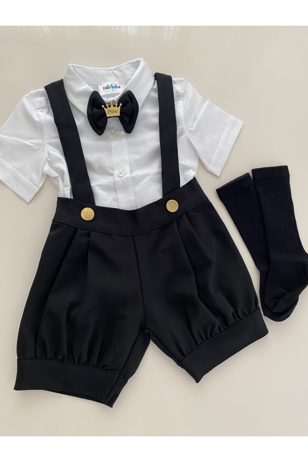 tubibebe Siyah & Gold Pileli Şort Salopet Takım - Erkek Bebek Doğum Günü Kıyafeti - Özel Gün Kostümü fotoğrafı 2 (önizleme)