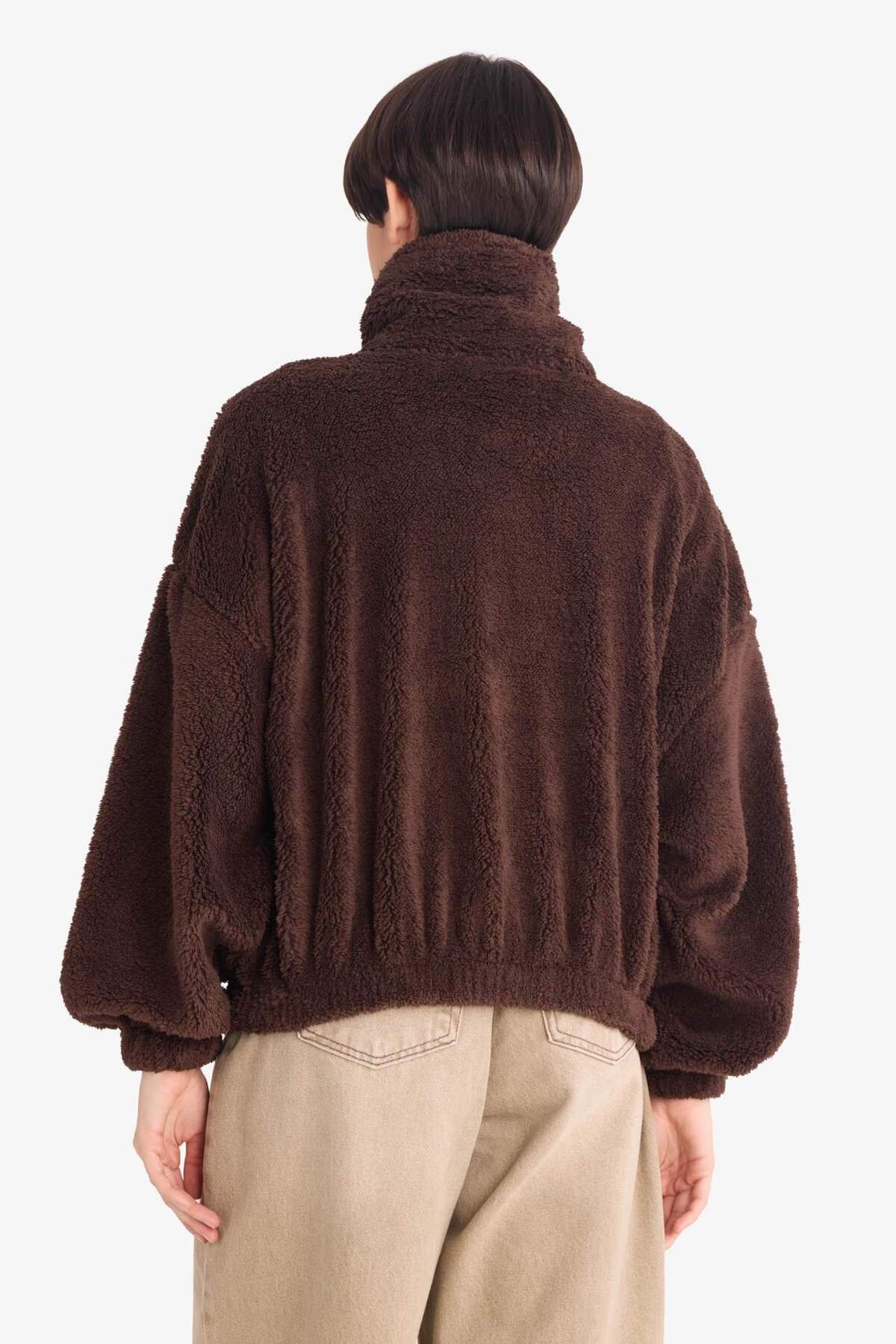 Defacto  Oversize Geniş Kalıp Polo Yaka Welsoft Pelüş Fermuarlı Hırka C8229AX25WN - Görsel 5