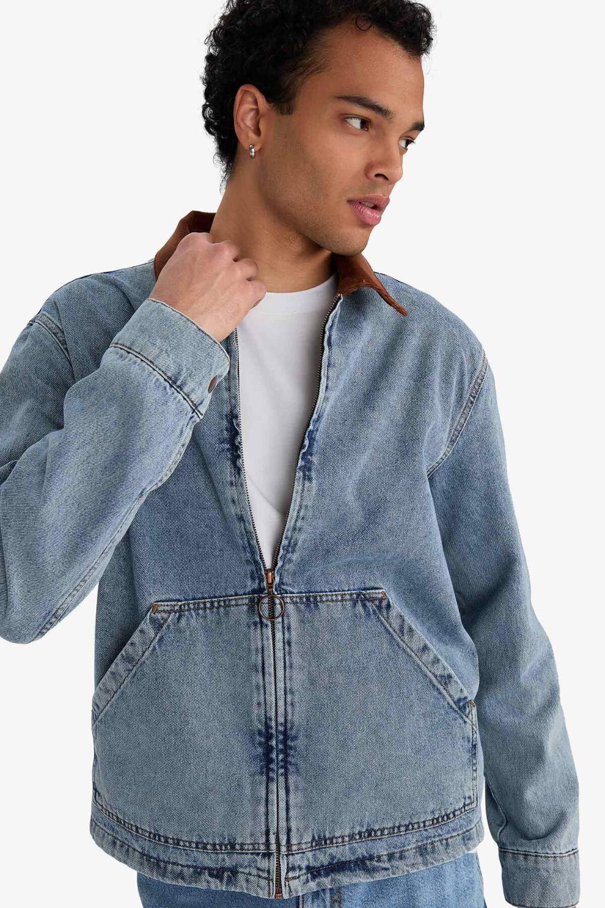 Defacto  Relax Fit Kontrast Yaka Düğmeli Denim Ceket F8308AX25AU - Görsel 5