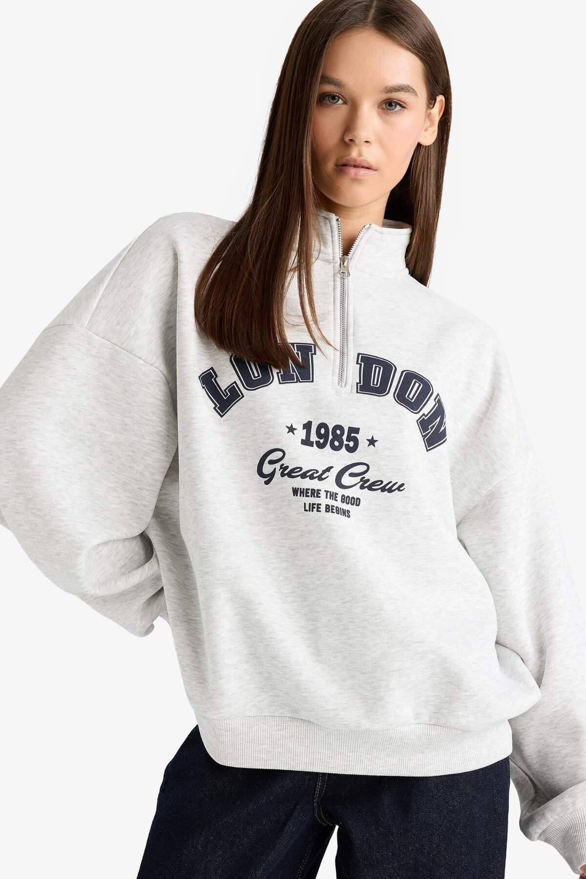 Defacto  Overshırt Fıt Yarım Fermuarlı Baskılı Kalın Kumaş Sweatshirt F9433AX25WN - Görsel 4