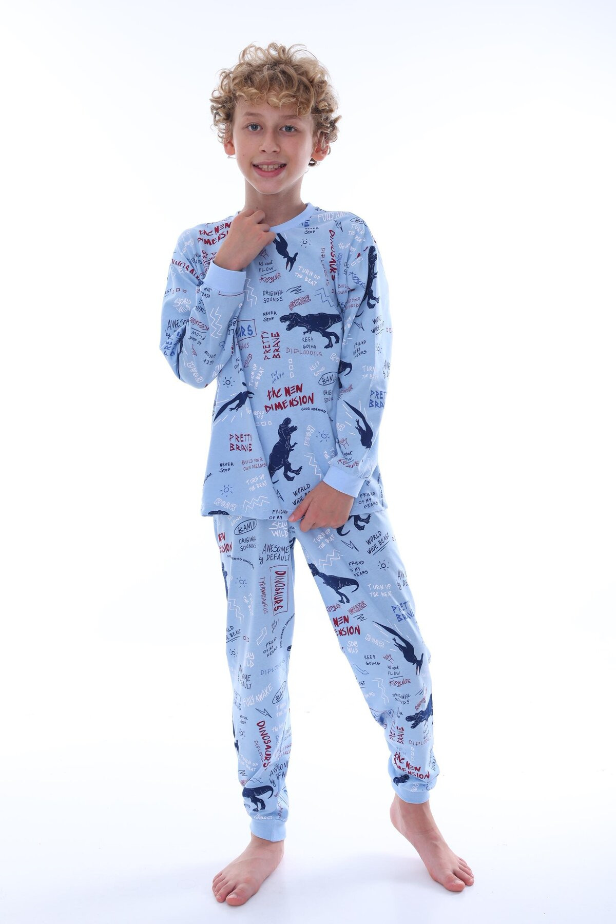 bunny hopp Dinozor Desenli %100 Pamuklu Erkek Çocuk Pijama Takımı - Mavi Penye Mevsimlik Takım fotoğrafı 3 (önizleme)