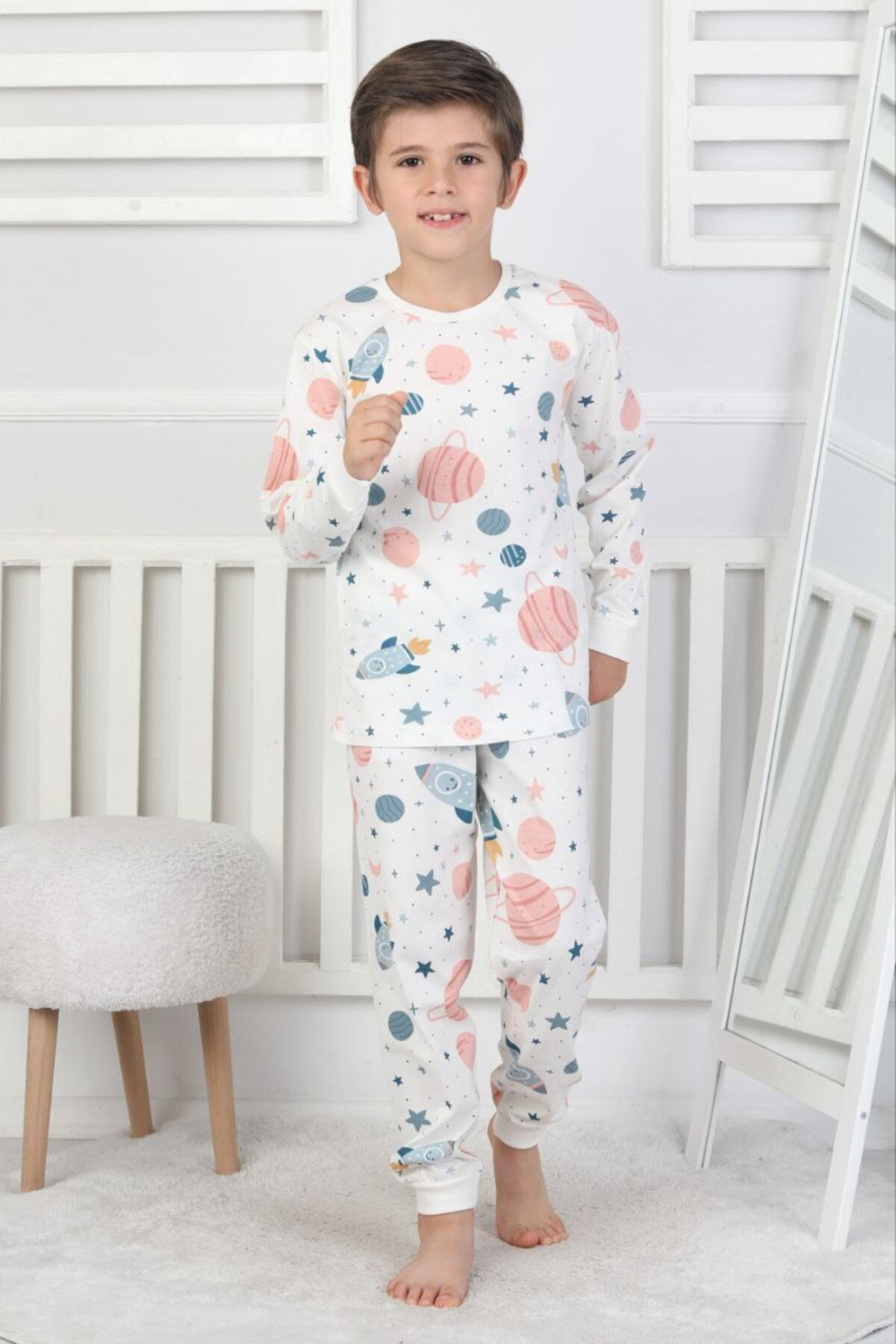 bunny hopp Unisex Çocuk %100 Pamuk Penye Pijama Takımı - Uzun Kollu Uzay Desenli fotoğrafı 2 (önizleme)