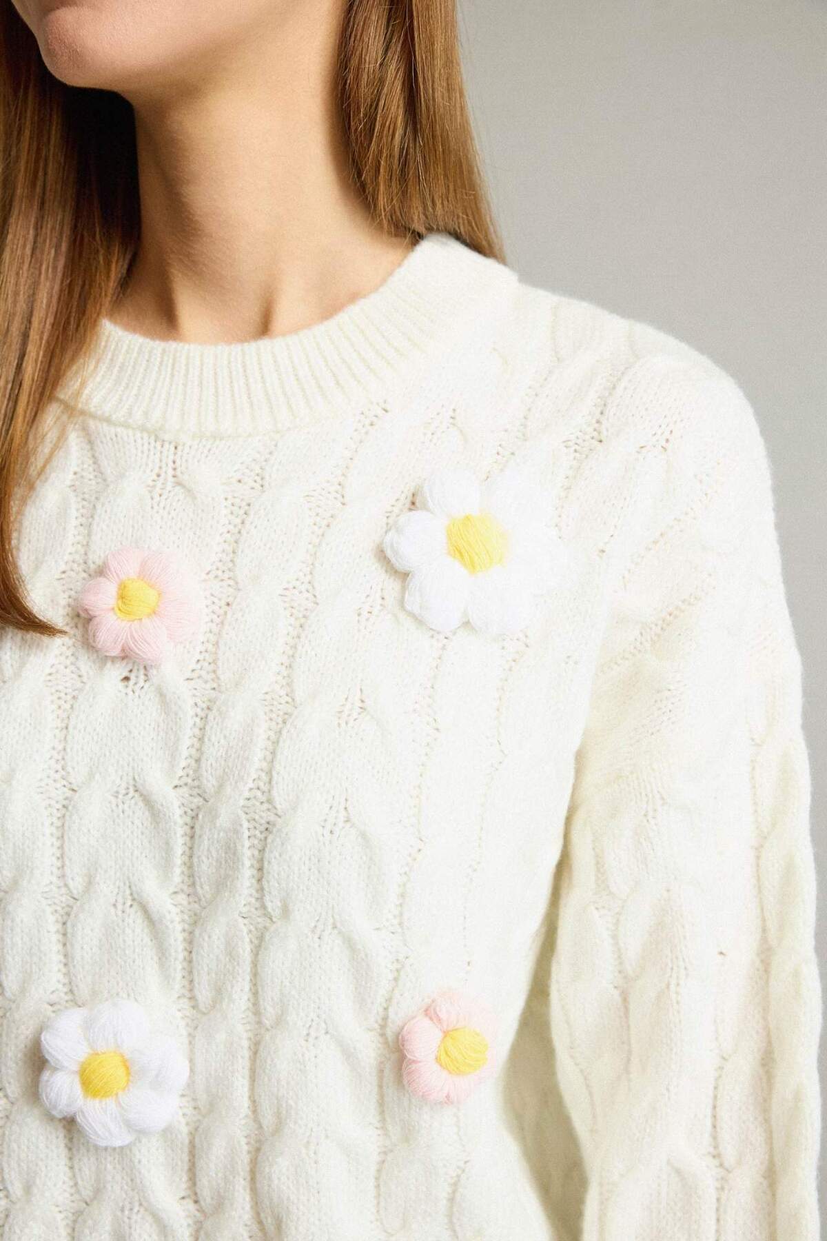 Defacto  Bisiklet Yaka Çiçekli Triko Kazak G3343AX25AU - Görsel 6