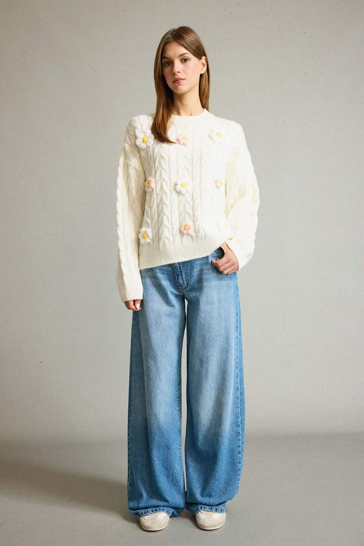 Defacto  Bisiklet Yaka Çiçekli Triko Kazak G3343AX25AU - Görsel 2