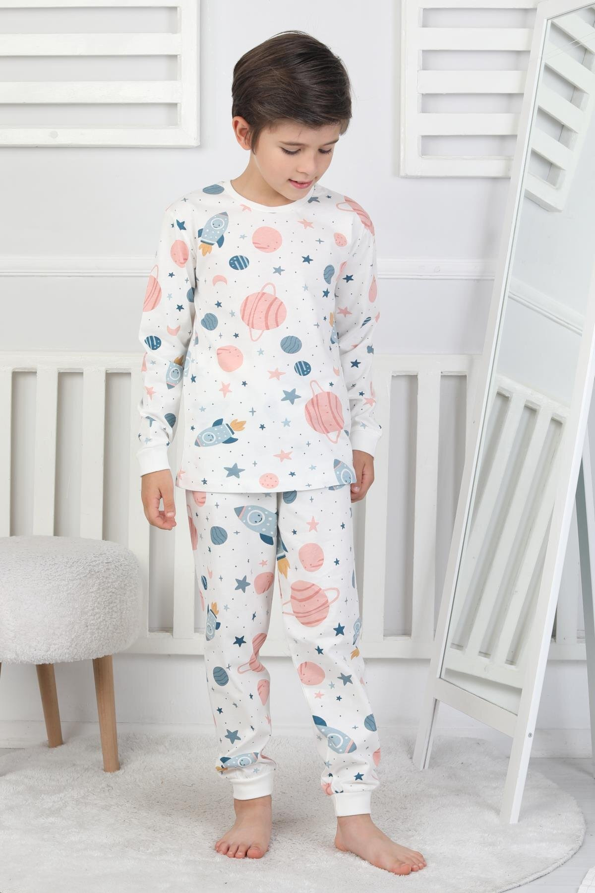 bunny hopp Unisex Çocuk %100 Pamuk Penye Pijama Takımı - Uzun Kollu Uzay Desenli fotoğrafı 3 (önizleme)