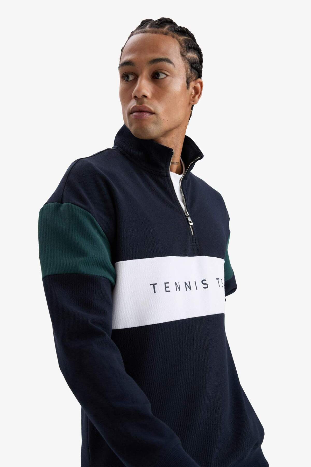 Boxy Fit Dik Yaka Yarım Fermuarlı Sporcu Sweatshirt F0199AX25AU — سرمه‌ای — تصویر 7 از 8