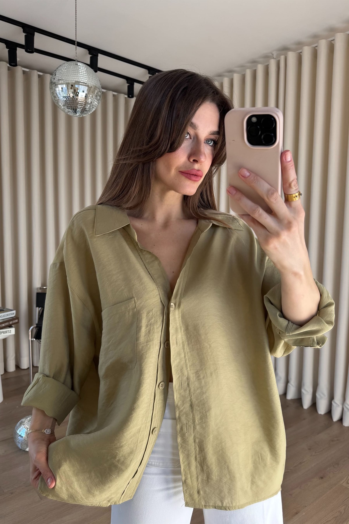 Sue Store  Haki Oversize Modal Kumaş Gömlek - Görsel 4