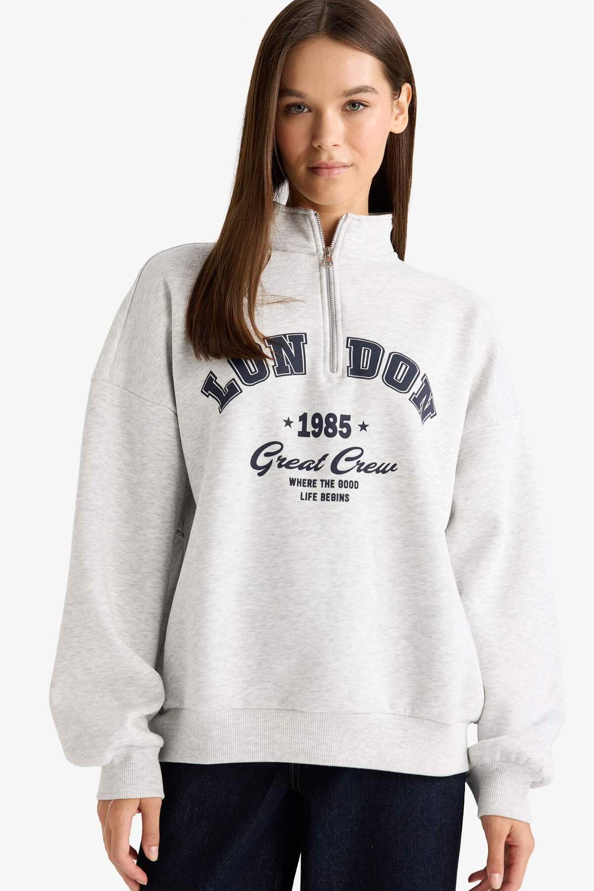 Defacto  Overshırt Fıt Yarım Fermuarlı Baskılı Kalın Kumaş Sweatshirt F9433AX25WN