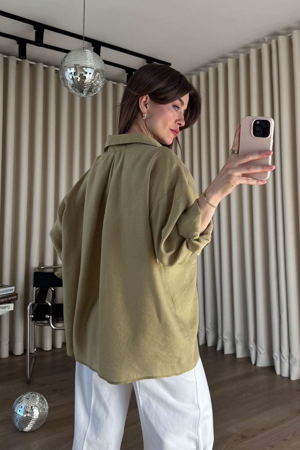 Sue Store  Haki Oversize Modal Kumaş Gömlek - Görsel 7